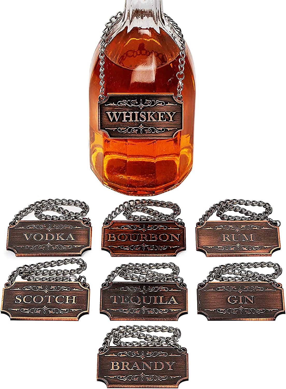 Decanter Tags Copper Set Of 8 For Alcohol Bottle Whiskey Scotch Bourbon Gin Rum Vodk