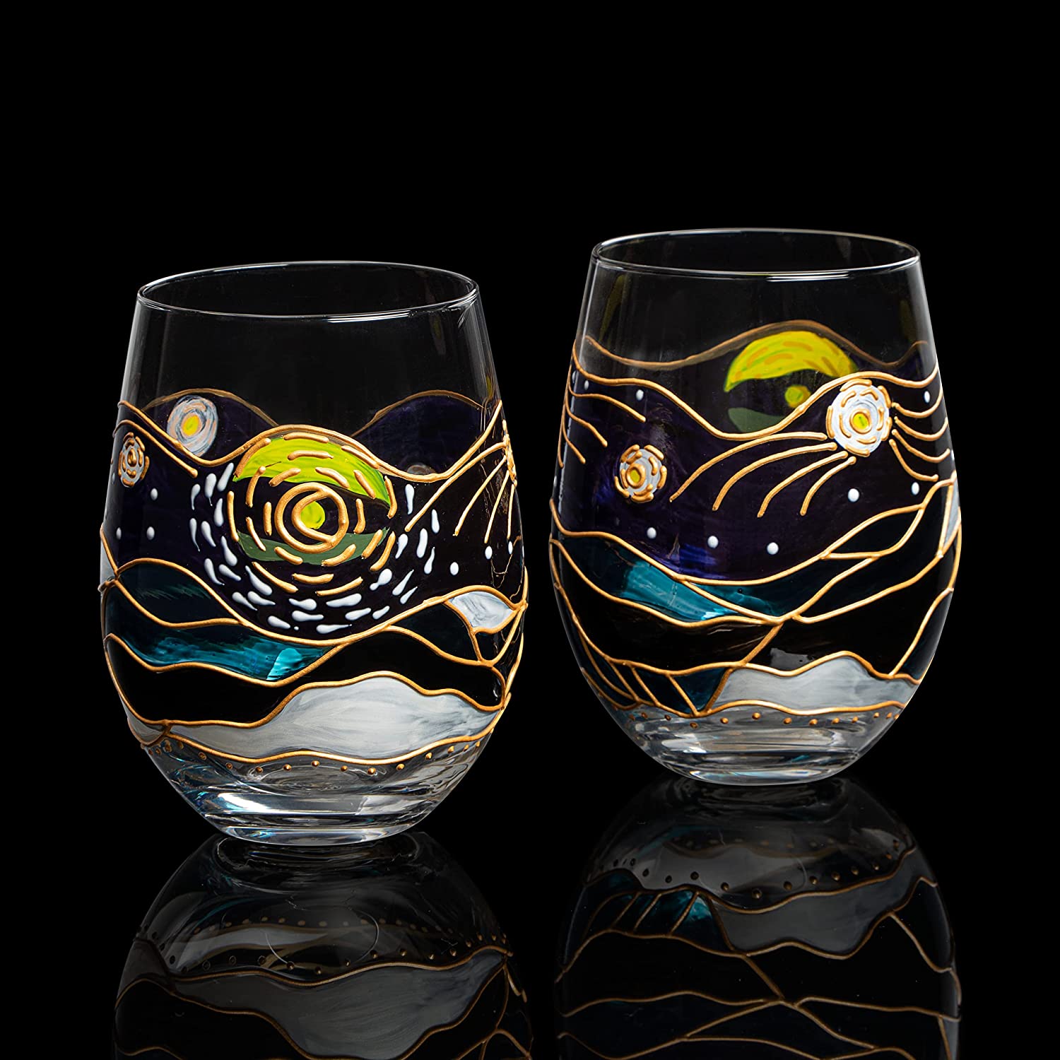 Artisanal Hand Painted Stemless Van Gogh Set Of 2 Wine Glasses 2 Set Of Tumblers Art