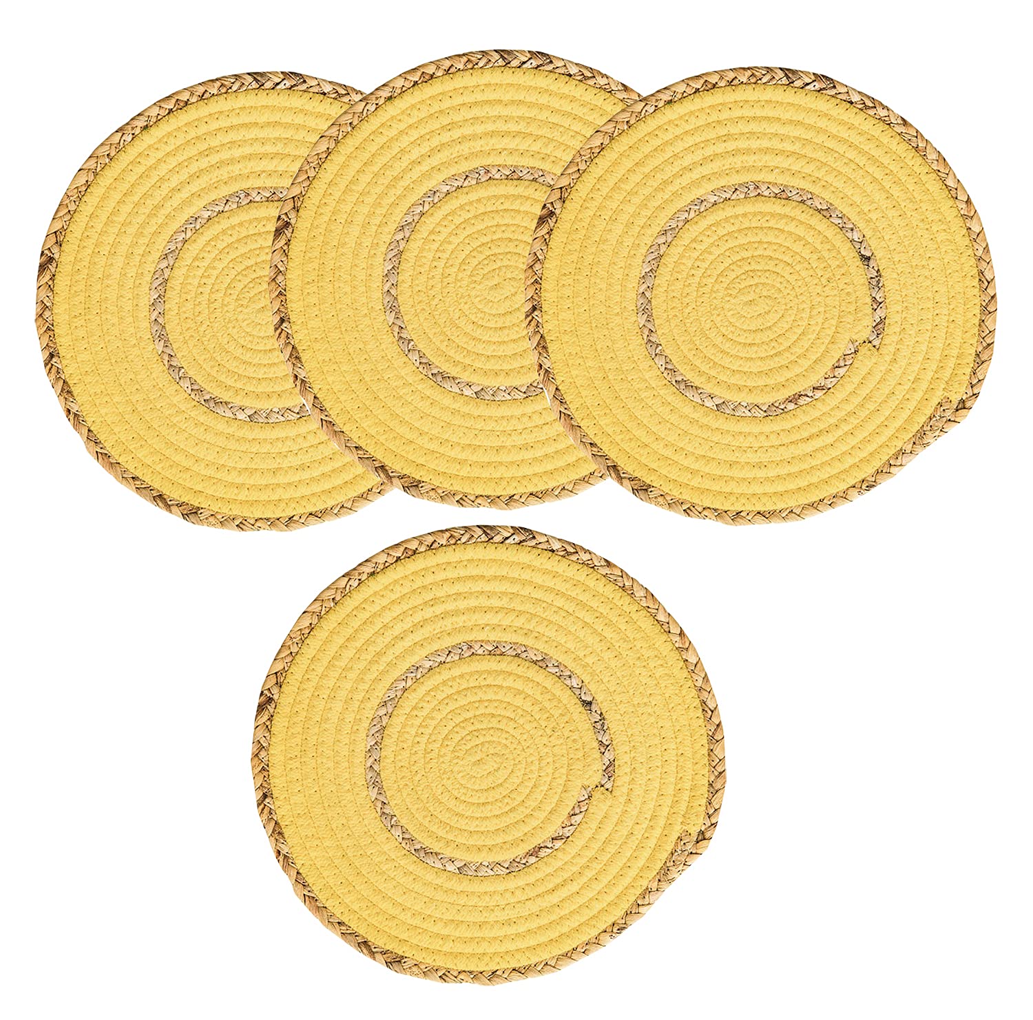 Fennco Styles Hand-Woven Rattan Cotton Rope Braided Placemats 12-Inch Round, Set of 4 - Heat Resistant Insulation Table Mats for Home, Boho Décor, Dining Table, Banquets and Special Events