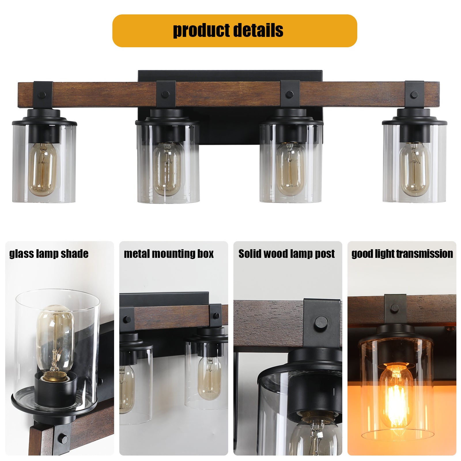 27" 4-Light Modern Farmhouse Bathroom Wall Sconce with Wood Accent