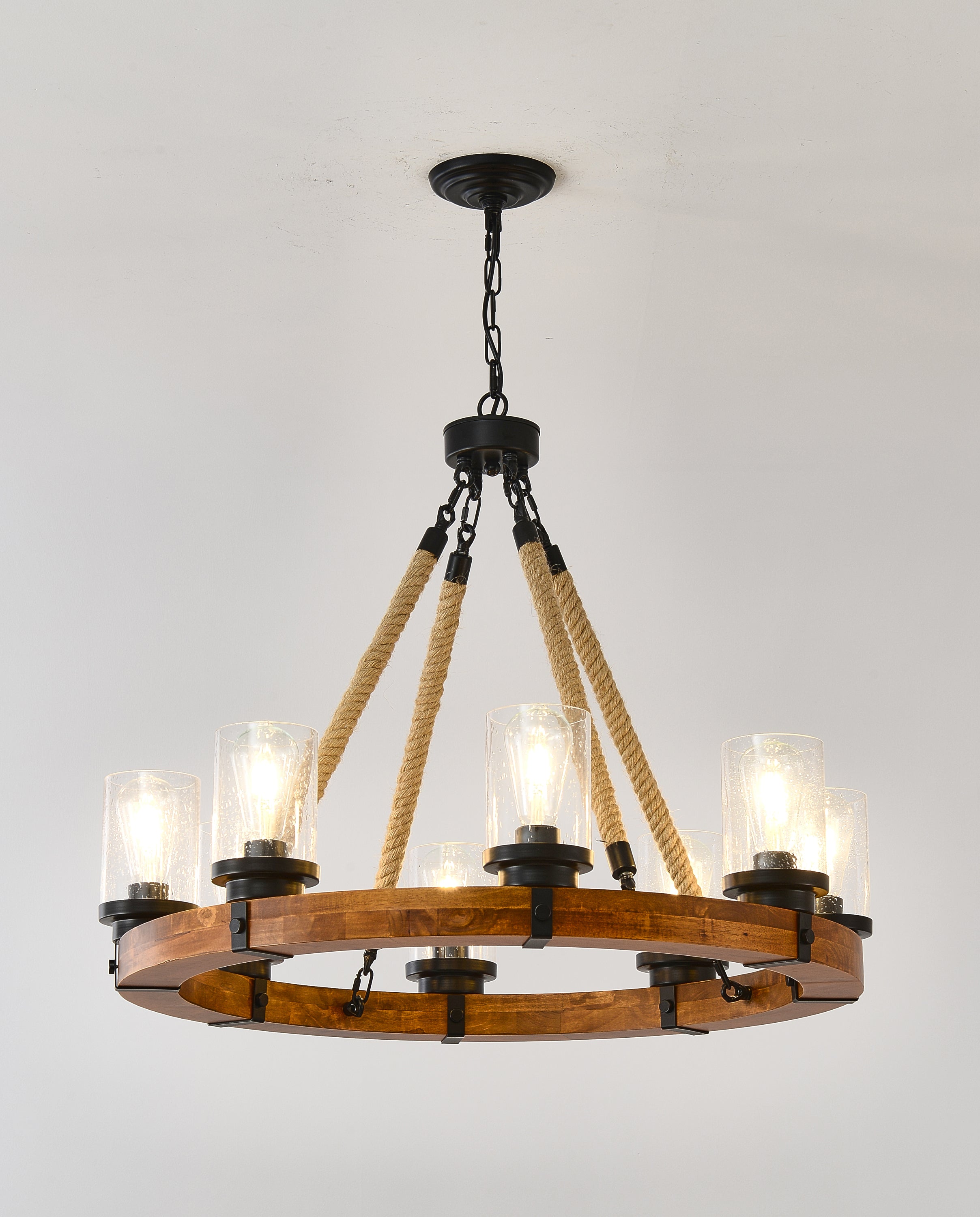 8 Light Rustic Wagon Wheel Chandelier, 31" Wooden Pendant Light with Seeded Glass Shade
