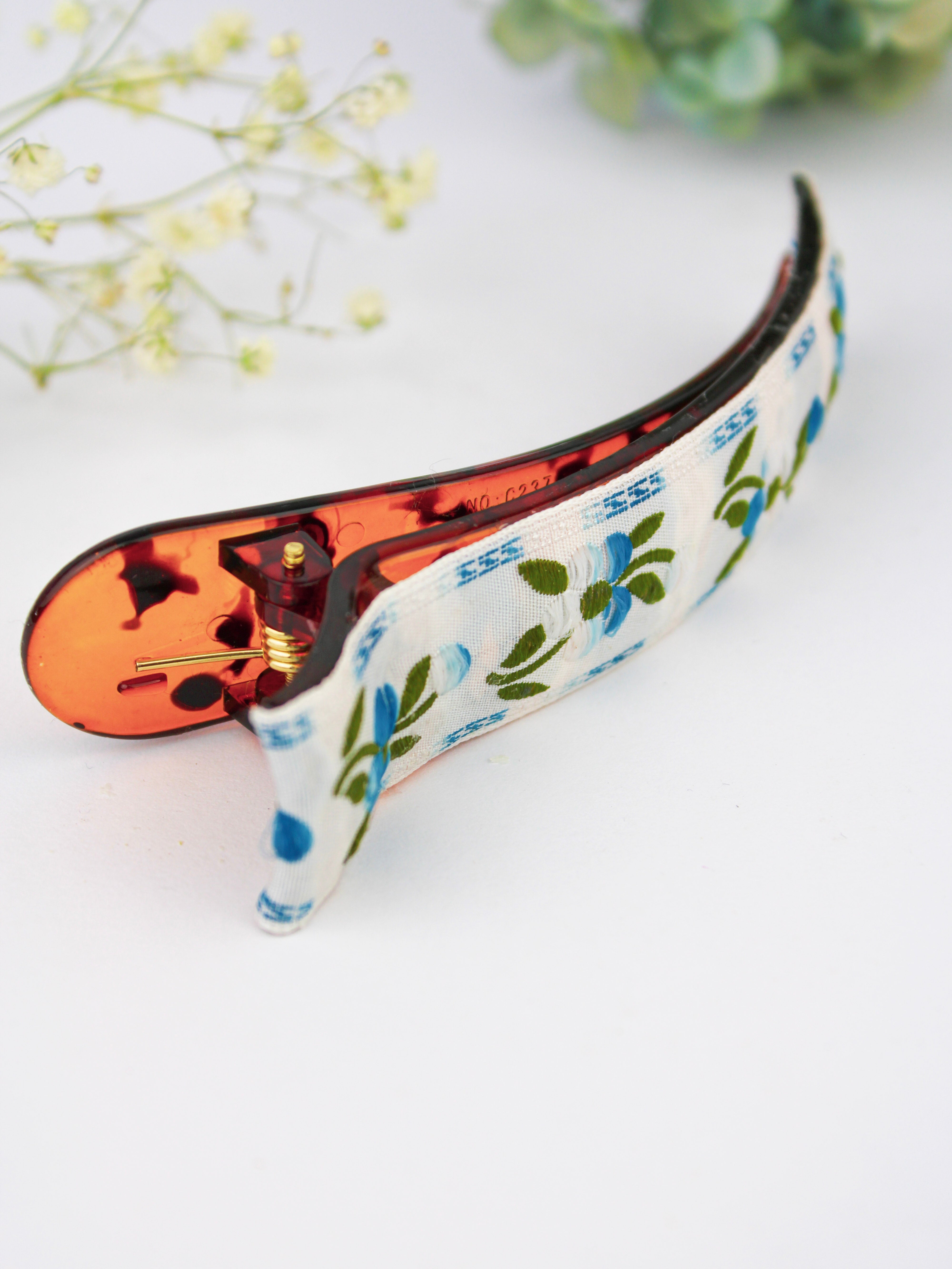 Blue Clematis Floral Ribbon Hair Clip