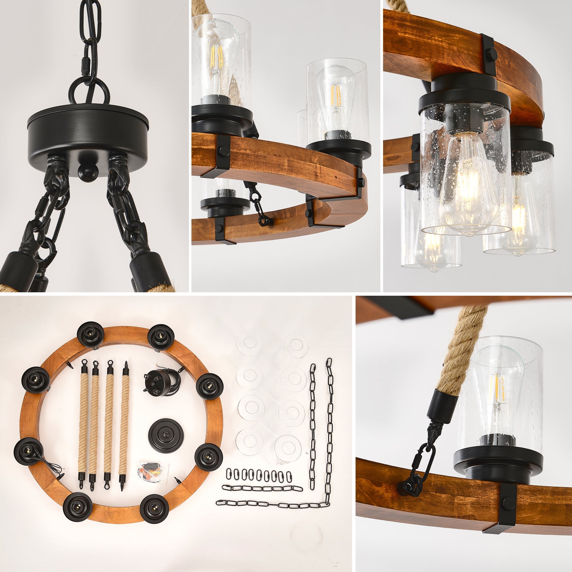 8 Light Rustic Wagon Wheel Chandelier, 31" Wooden Pendant Light with Seeded Glass Shade