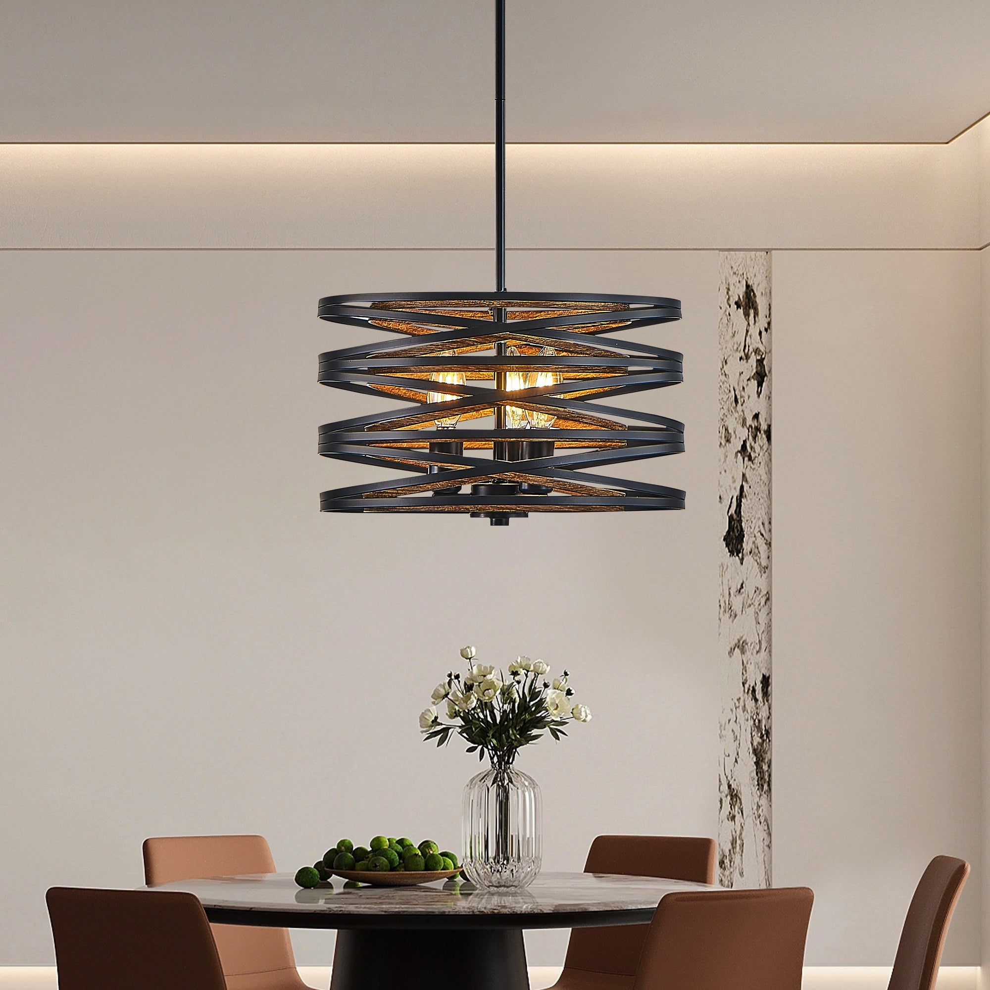 13" Rustic Industrial Pendant Light, 3-Light Black and Walnut Metal Cage Chandelier with Wood Accents