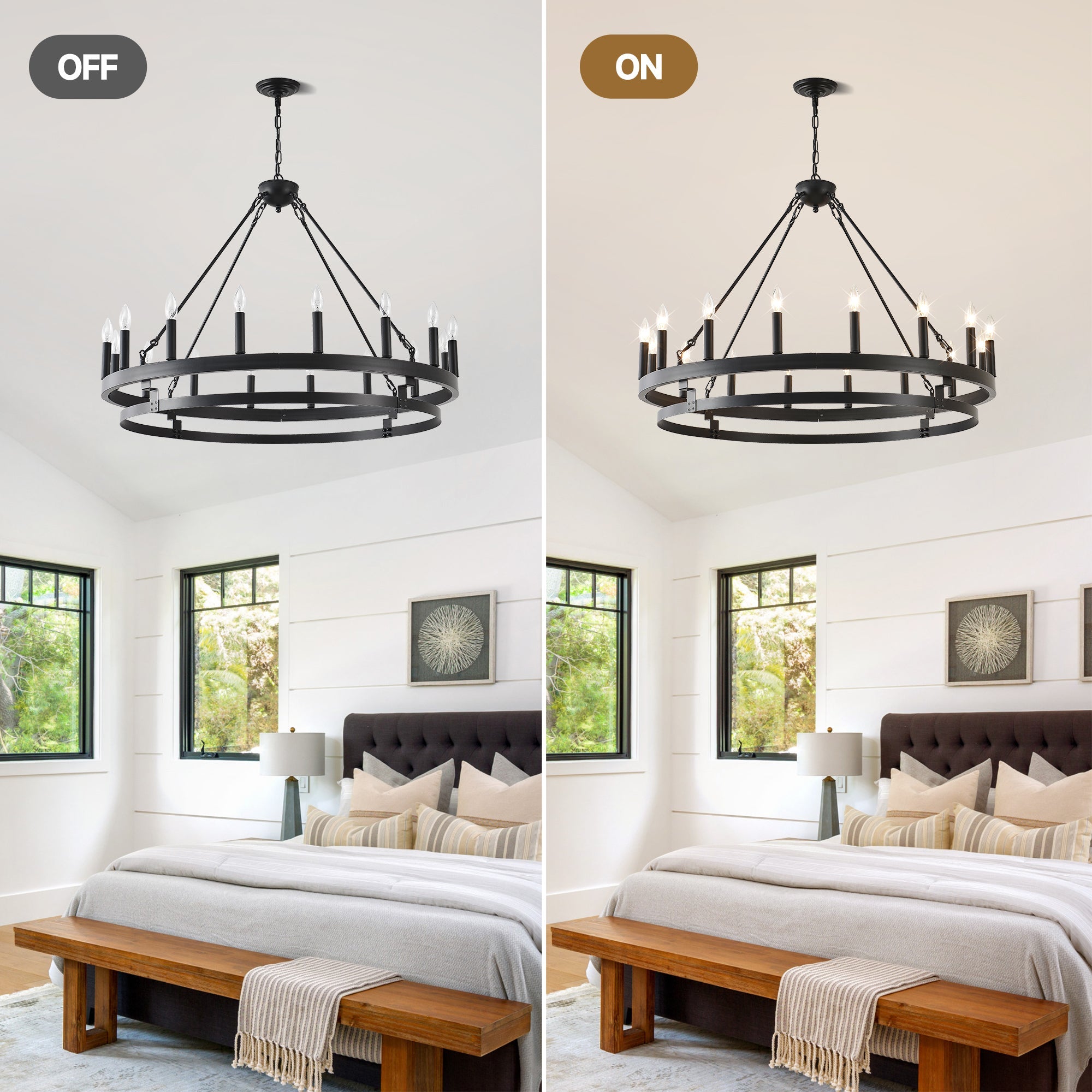 39 Inch 16-Lights Matte Black Wagon Wheel Chandelier with light E12