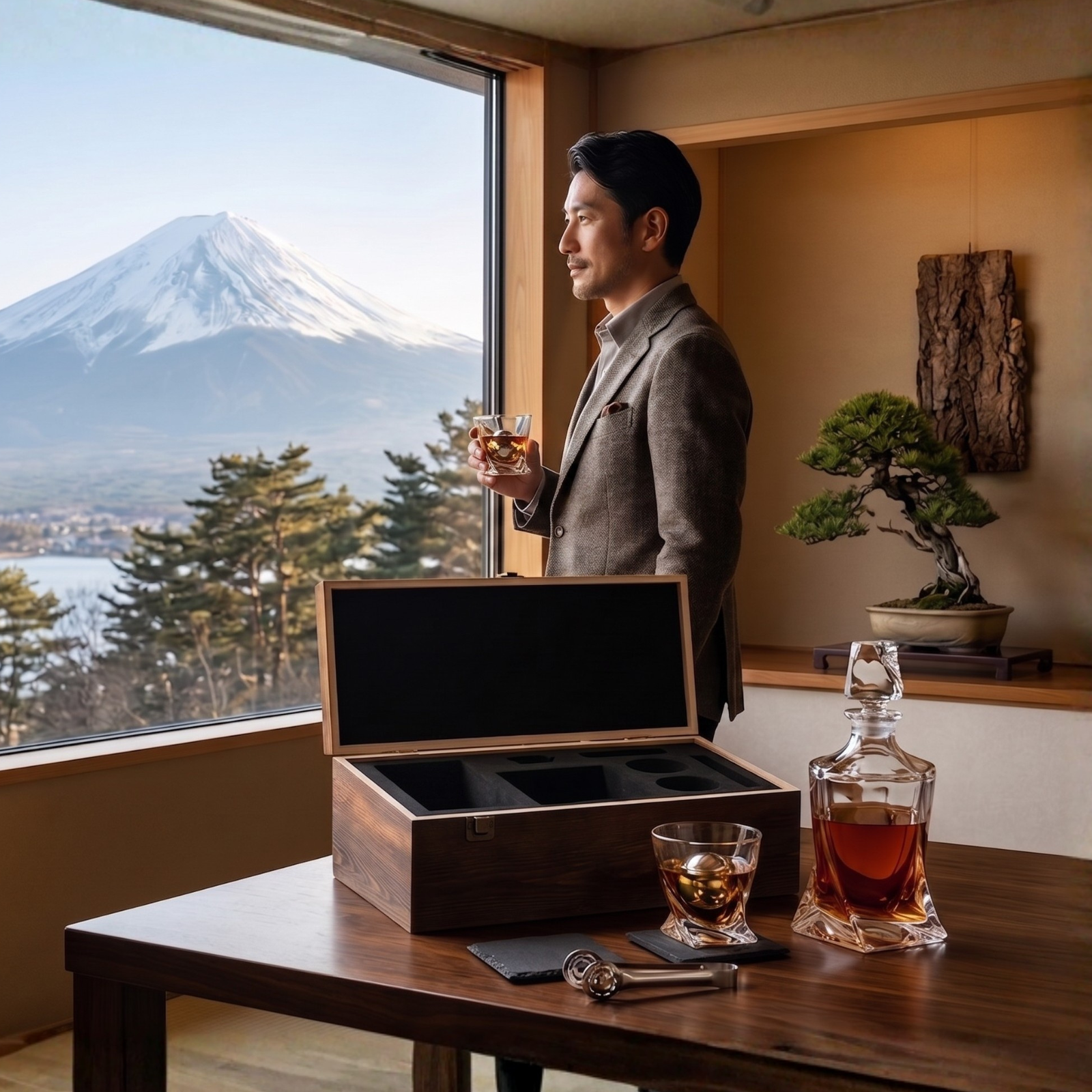Japanese Crystal Whiskey Decanter Set In Wooden Storage Box Premium Barware Gift