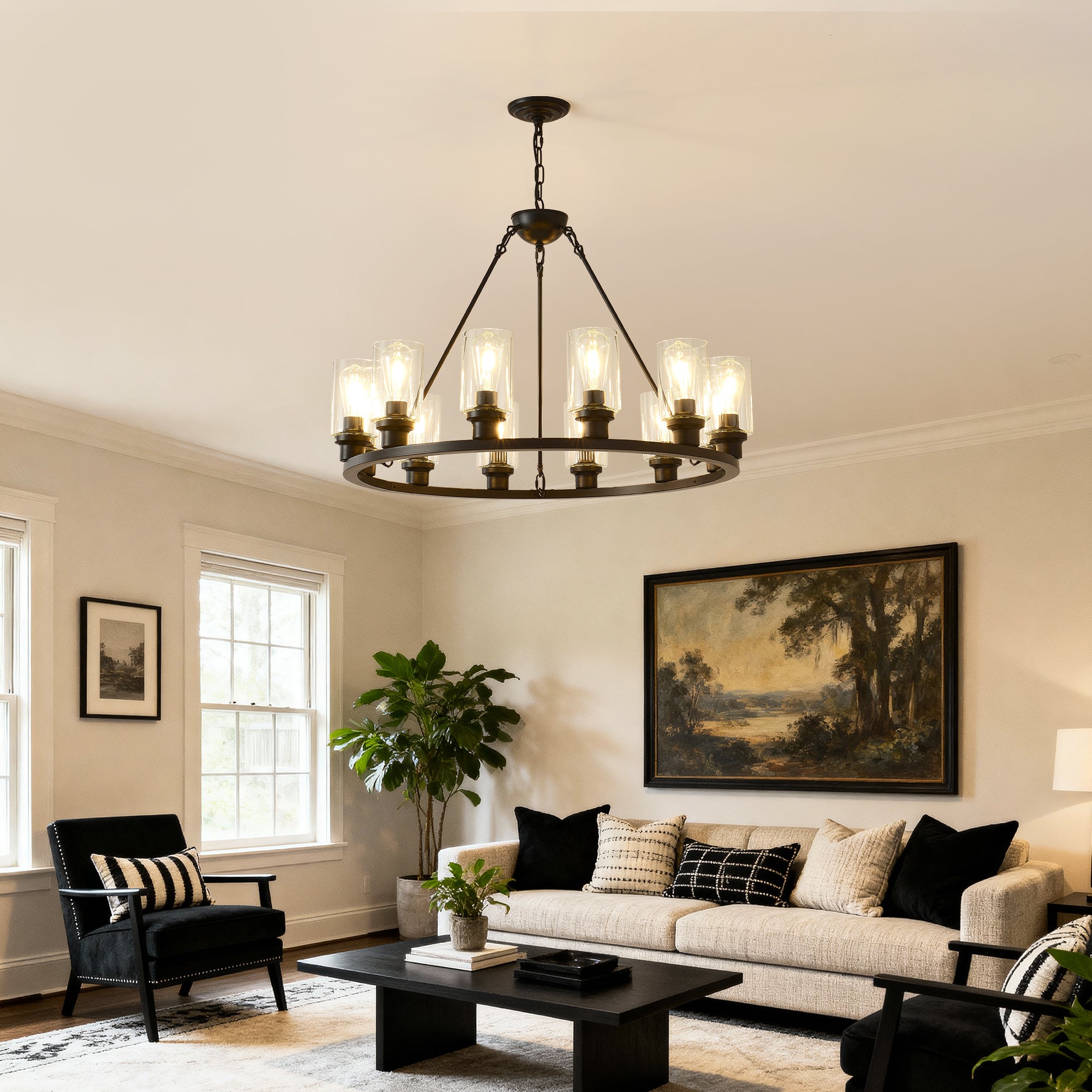 12-Light Black Wagon Wheel Chandelier, 31.5" Modern Farmhouse Glass Pendant