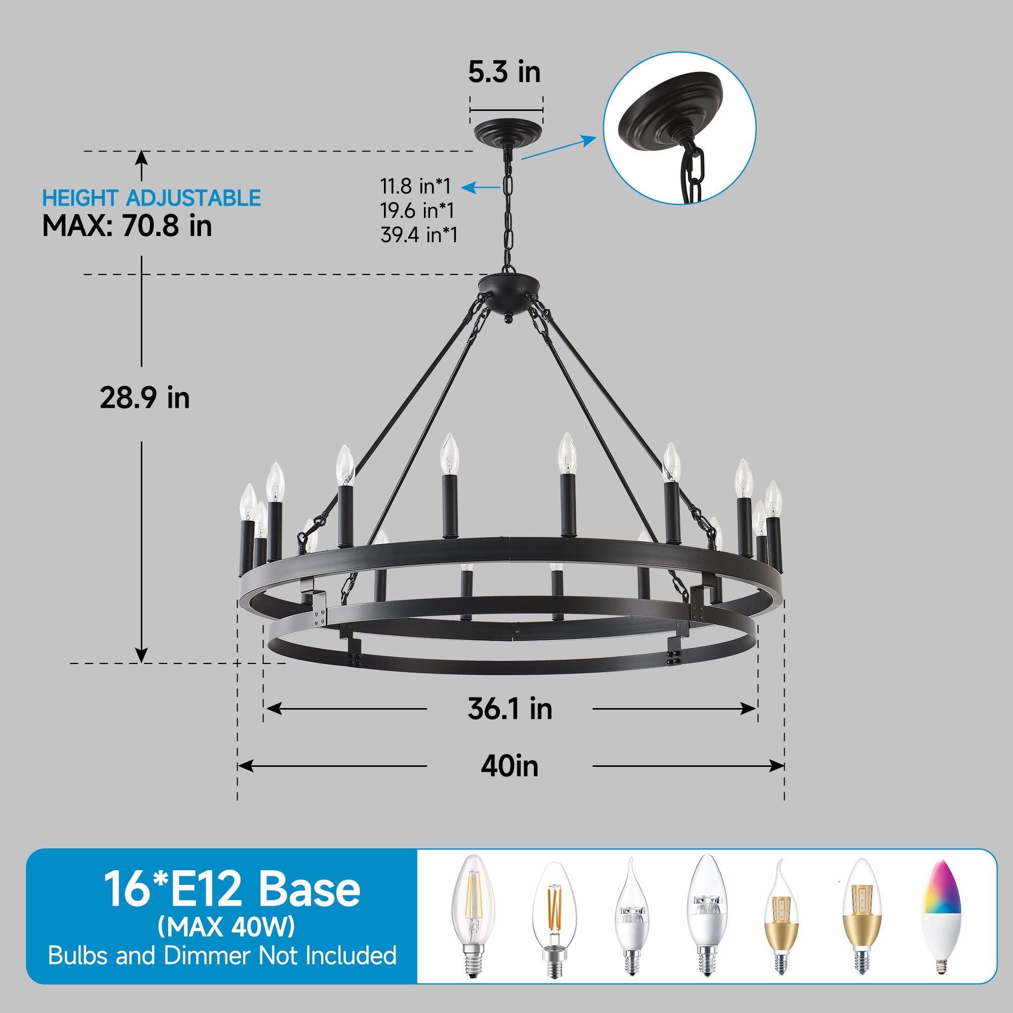 39 Inch 16-Lights Matte Black Wagon Wheel Chandelier with light E12
