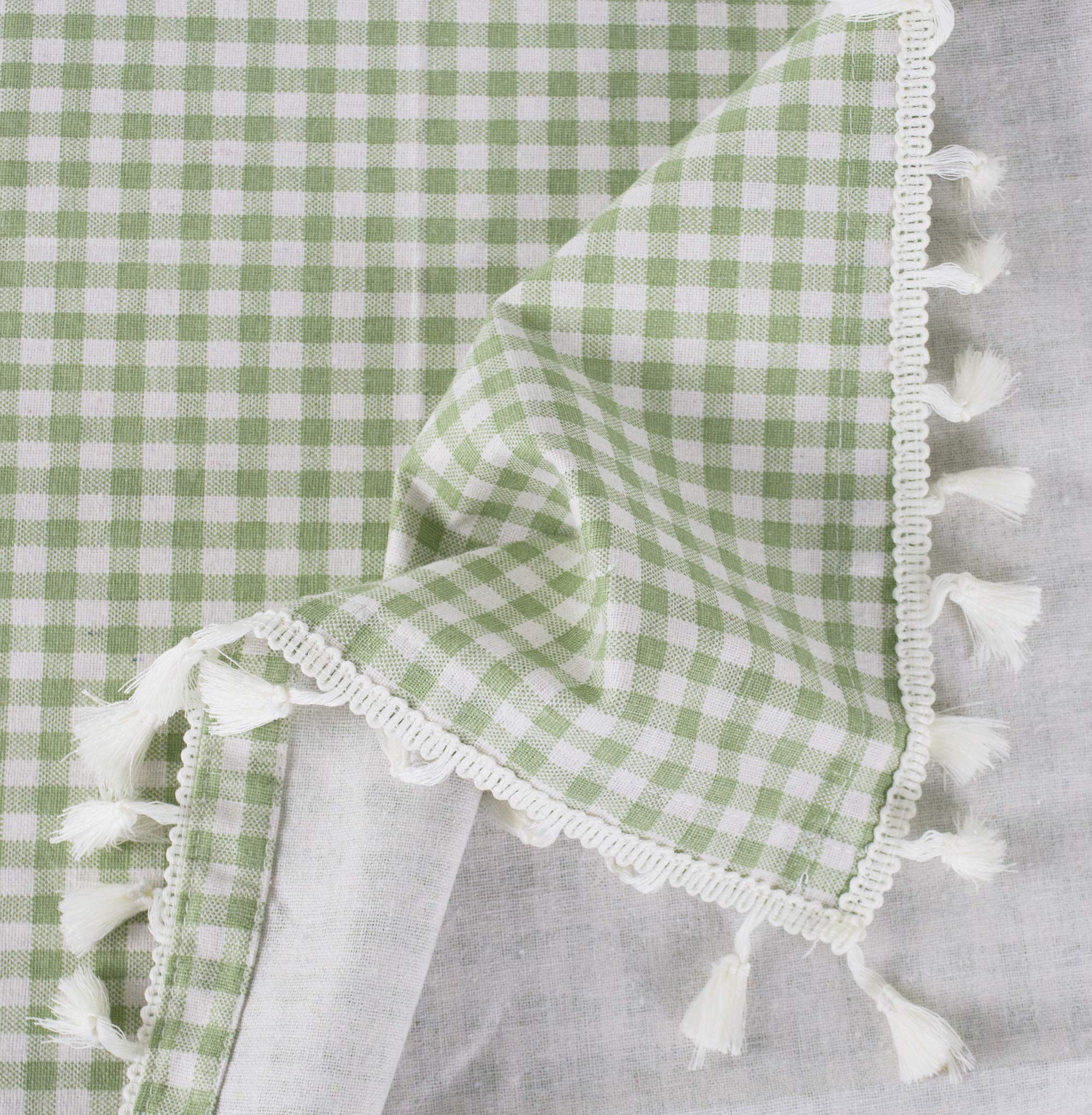 Fennco Styles Simply Striped Tassel Cotton Blend 55 x 55 Inch Tablecloth - Green Table Cover for Banquets, Holiday, Special Events, Outdoor and Home Décor