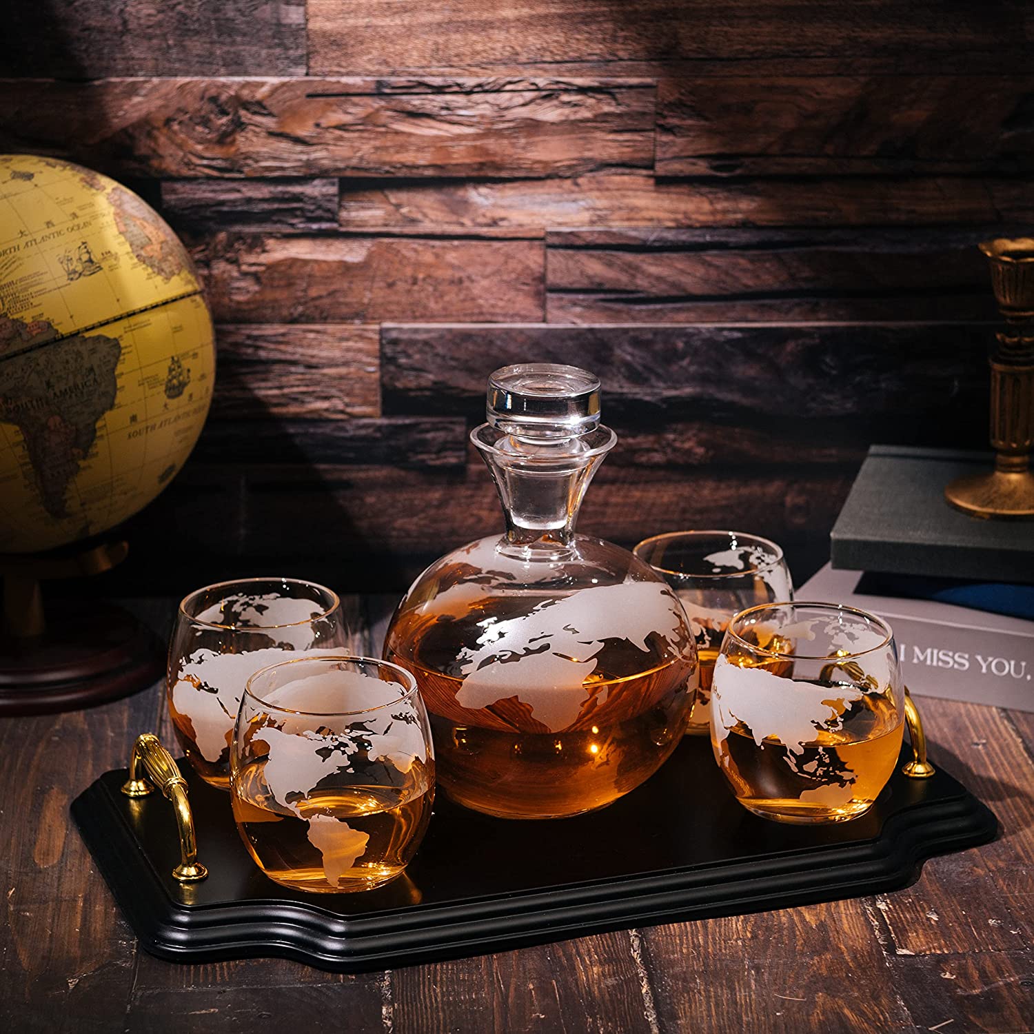 Etched World Map Globe Whiskey Decanter Set 750ML With 4 10OZ Map Glasses 13 H X 13 L By The Wine Sa
