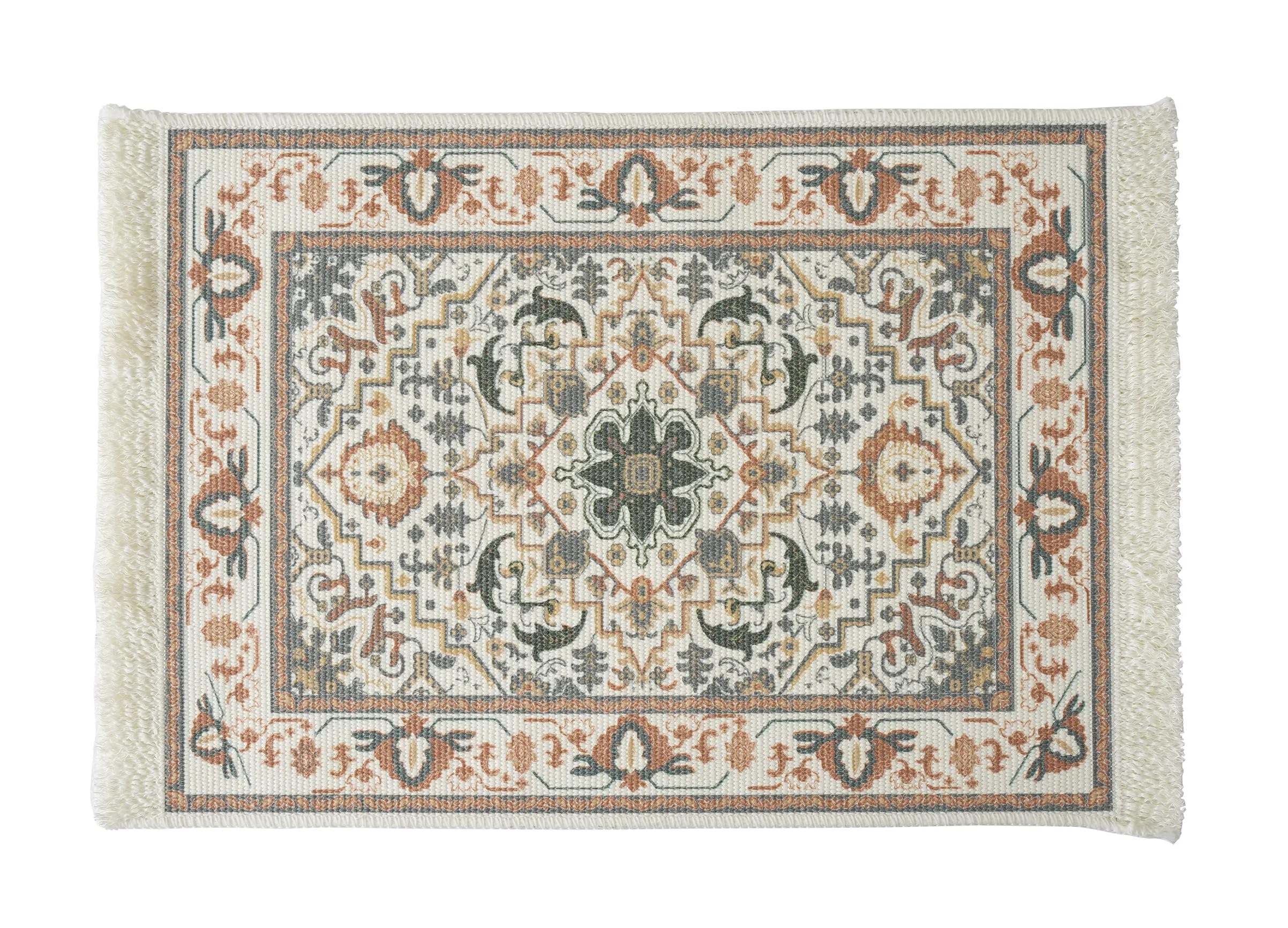 Fennco Styles Antique Turkish Printed with Fringe Placemats 14" W x 19" L, Set of 4 - Brown Oriental Woven Table Mats for Dining Room, Banquets, Family Gatherings, and Holidays
