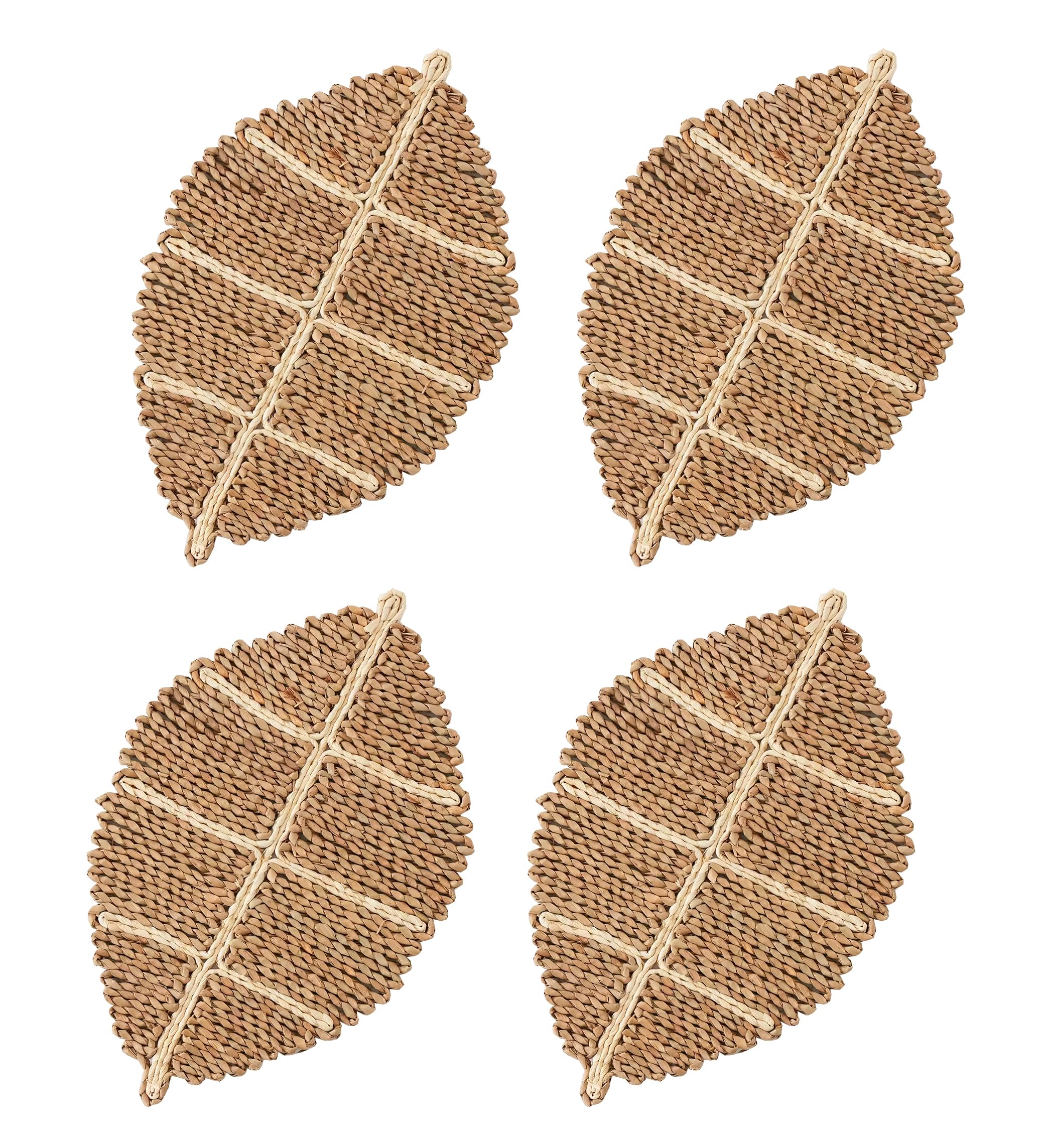 Fennco Styles Natural Corn Husk Leaf Shaped Placemats 13" W x 20" L, Set of 4 - Hand-Woven Table Mats Heat Resistant Insulation for Home, Boho Décor, Dining Table, Banquets, and Special Events
