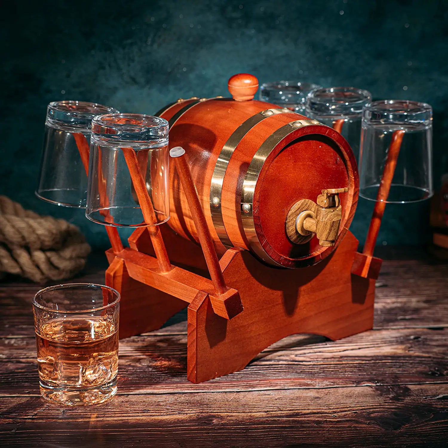 Barrel Decanter With 6 Whiskey Glasses By 1000 Ml Mahogany Wood Old Fashioned Classi