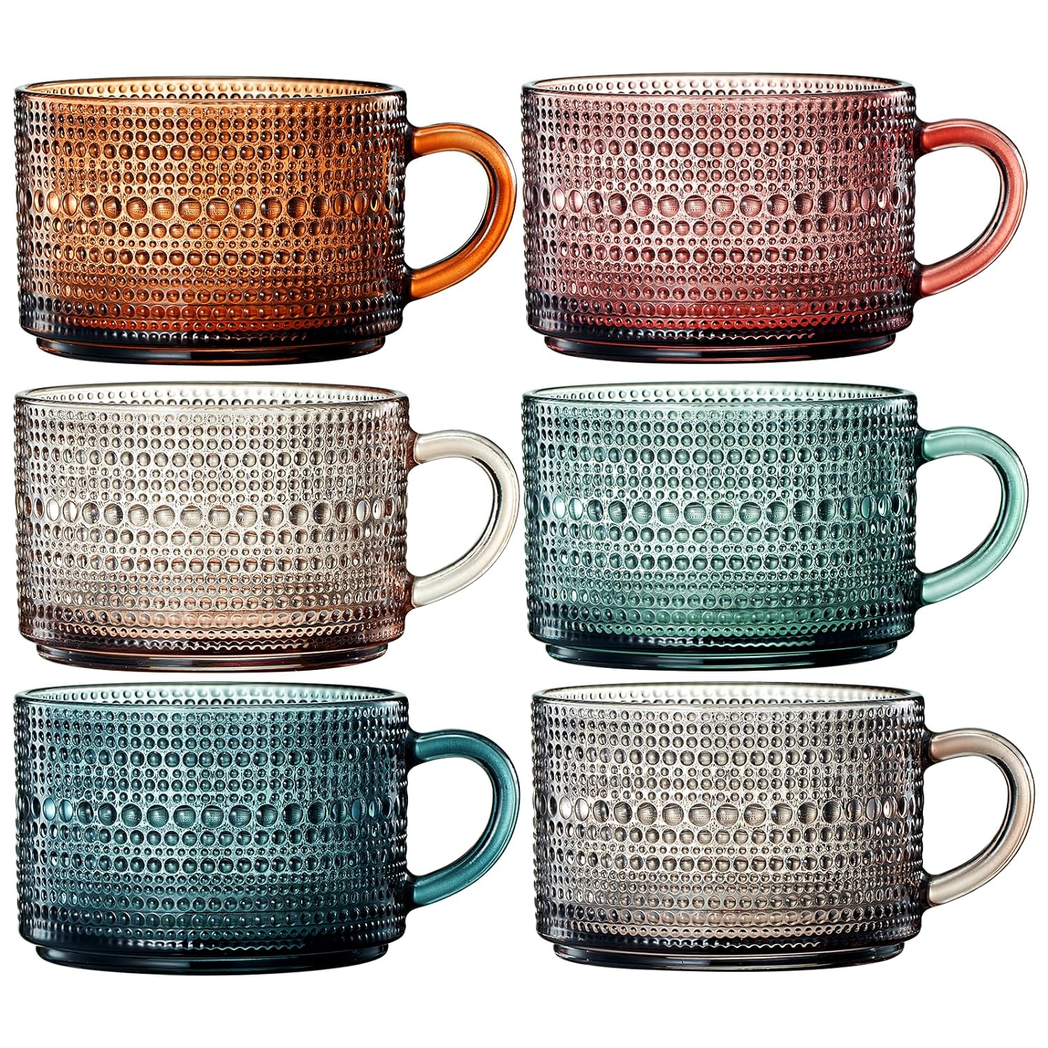 Vintage Colored Glass Coffee Mugs Set With Handles Spoons Lid Set Of 6 15OZ