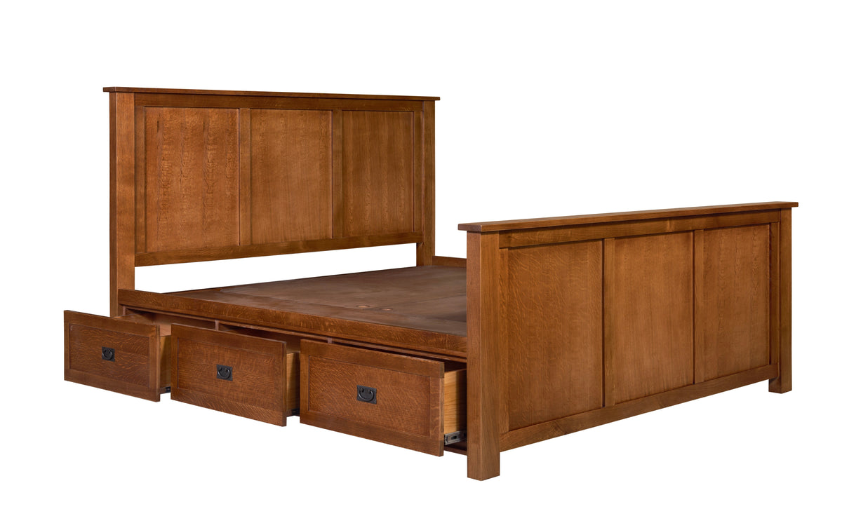 Mission Oak Storage Panel Bed with Three Drawers: MC stain