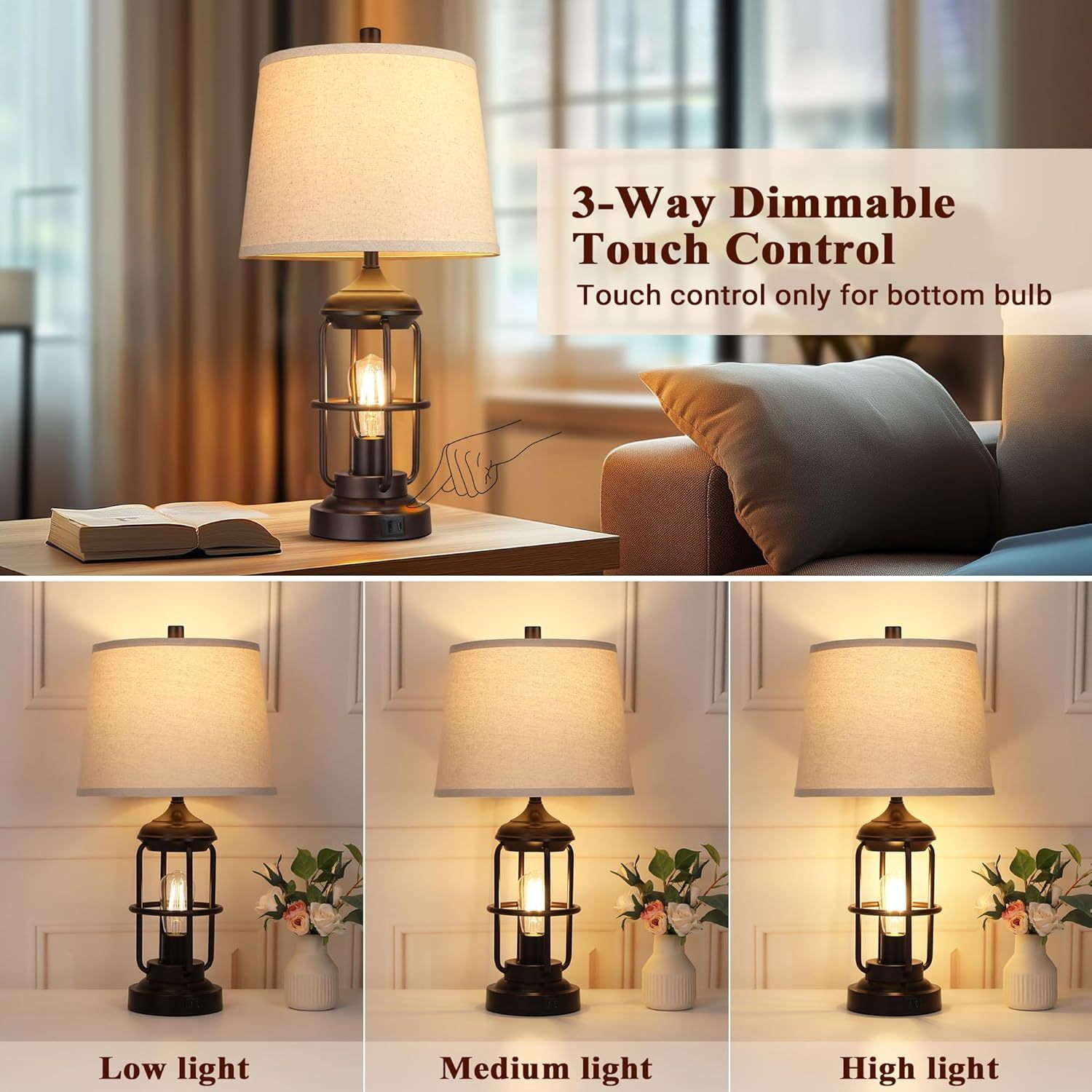 Edison Bulb Table Lamp Set of 2 with USB Ports, Dimmable
