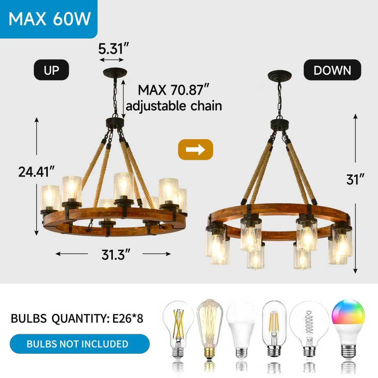 8 Light Rustic Wagon Wheel Chandelier, 31" Wooden Pendant Light with Seeded Glass Shade