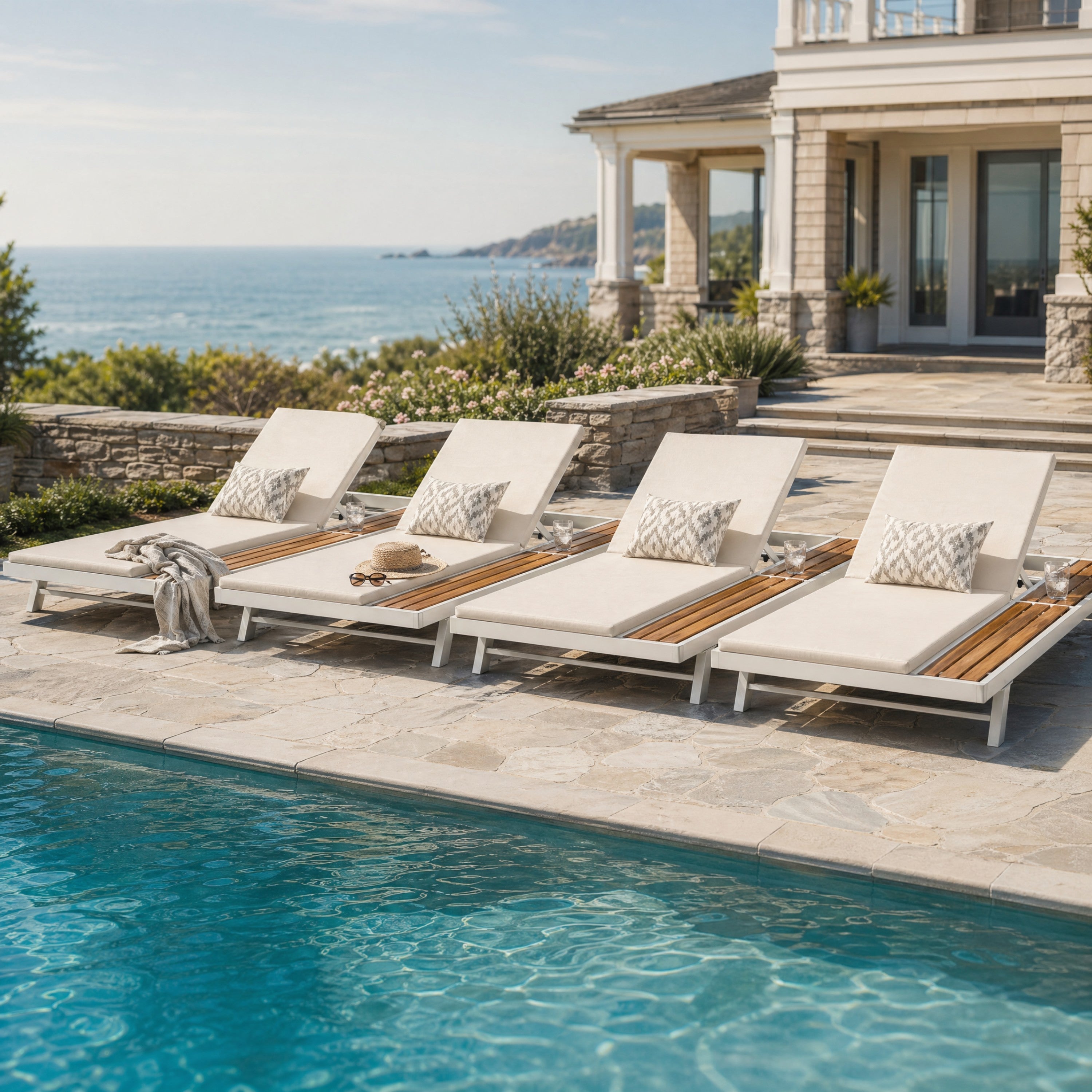White Iron + Teak Finish Outdoor Chaise Lounge Set