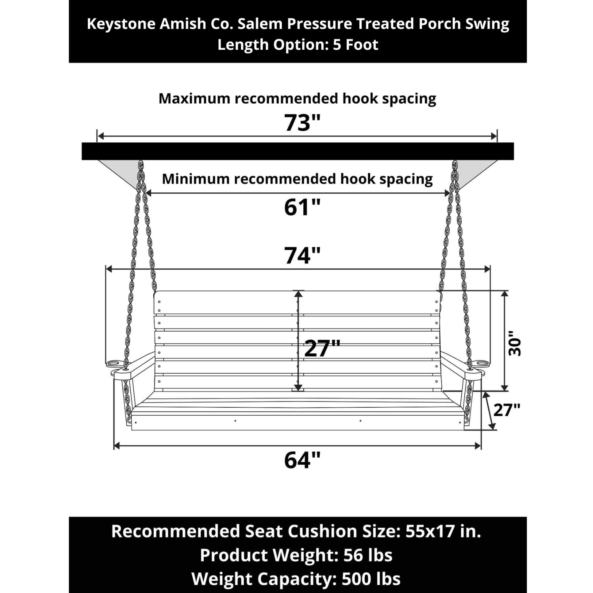Keystone Amish Co. 5 Foot Salem Pressure Treated Porch Swing, Unfinished