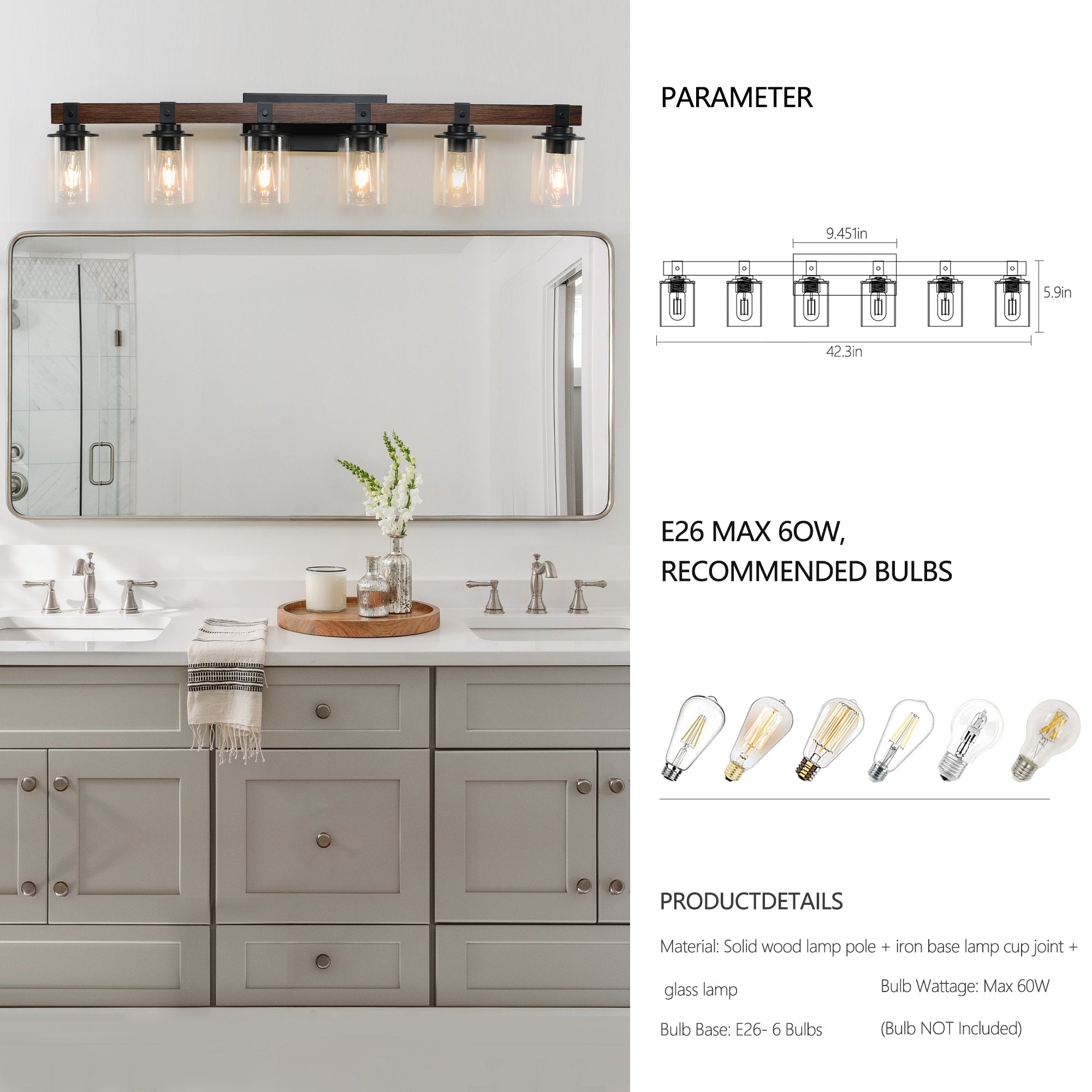 42" Rustic 6-Light Wall Sconce with Glass and Wood Accent