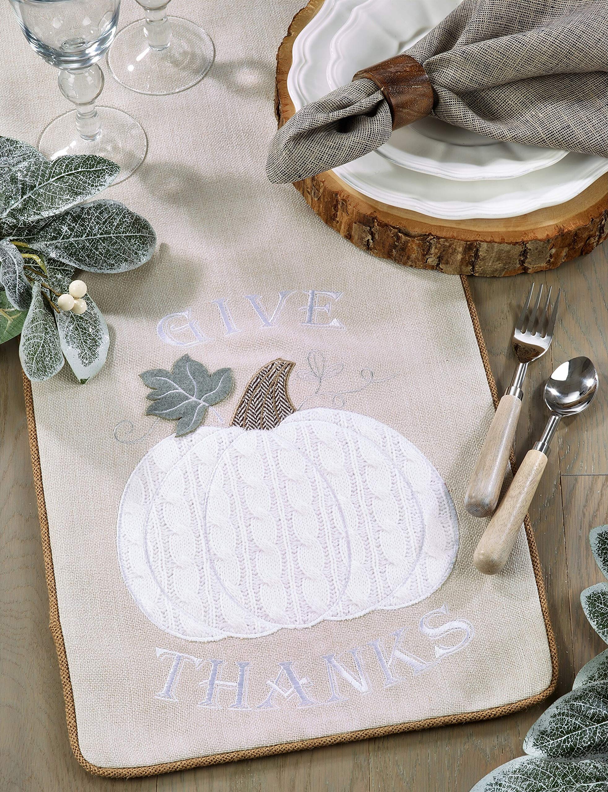 Fennco Styles Fall Season Appliqué Knit Harvest Pumpkin Jute Embroidered 16 x 72 Inch – Natural Table Runner for Thanksgiving Dinner, Family Gathering, Special Events and Home Décor