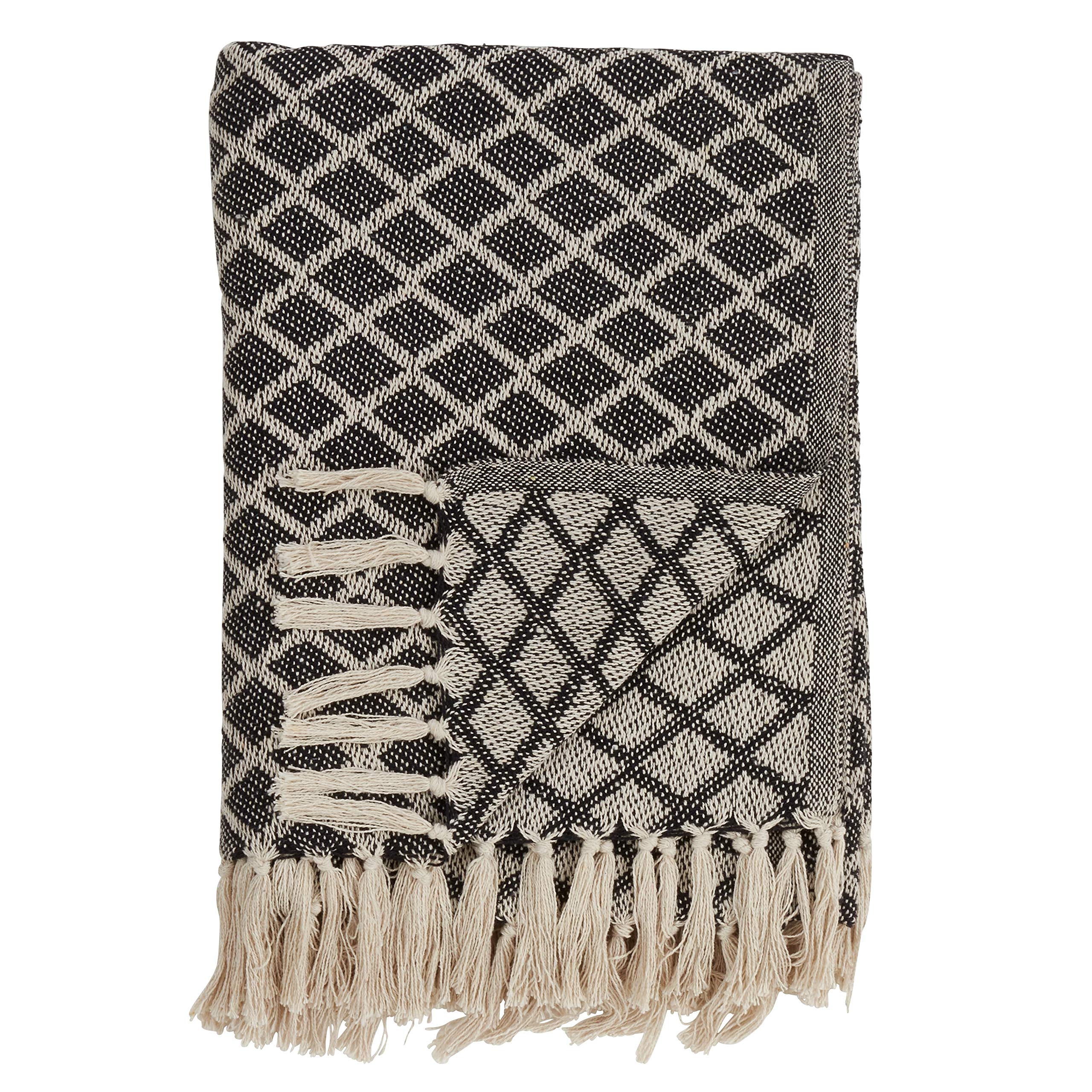 Diamond Two-Tone Tassel 100% Cotton Woven Soft Throw Blanket, 50" x 60", Black