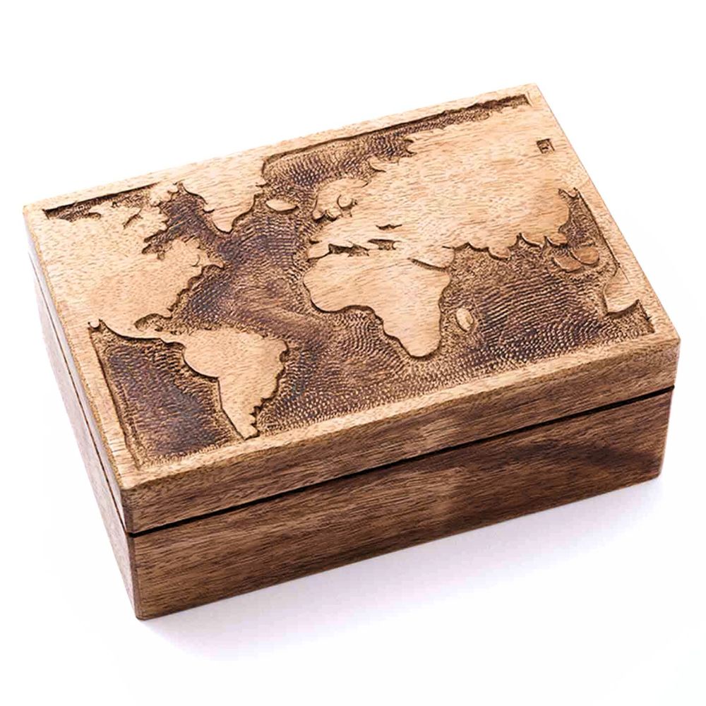 World Map Mango Wood Spice Box with 6 Steel Bowls