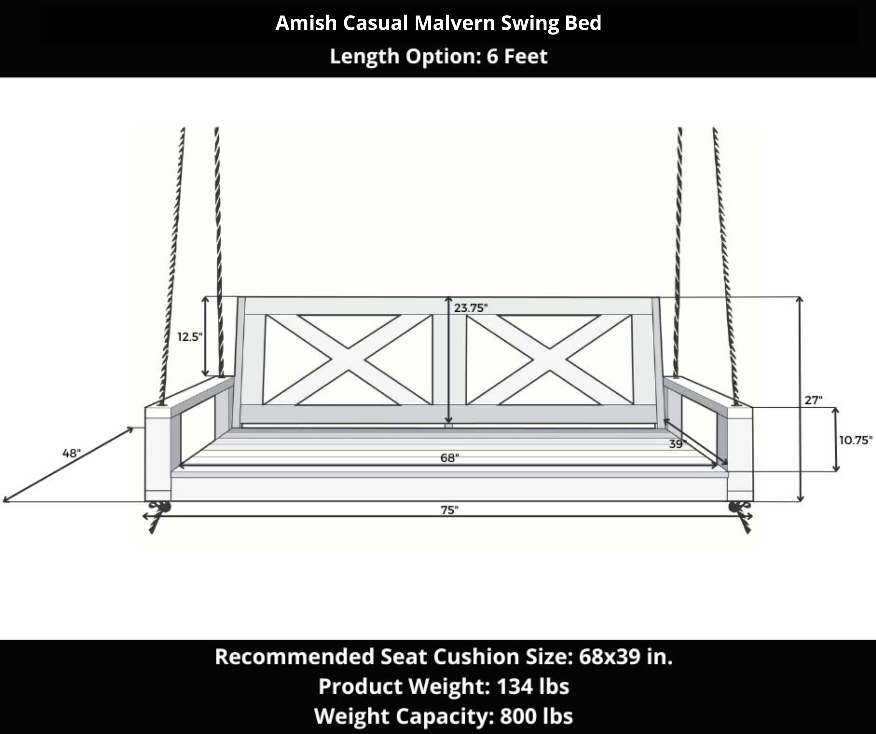 Amish Casual Malvern Porch Swing Bed, 6 Ft Unfinished