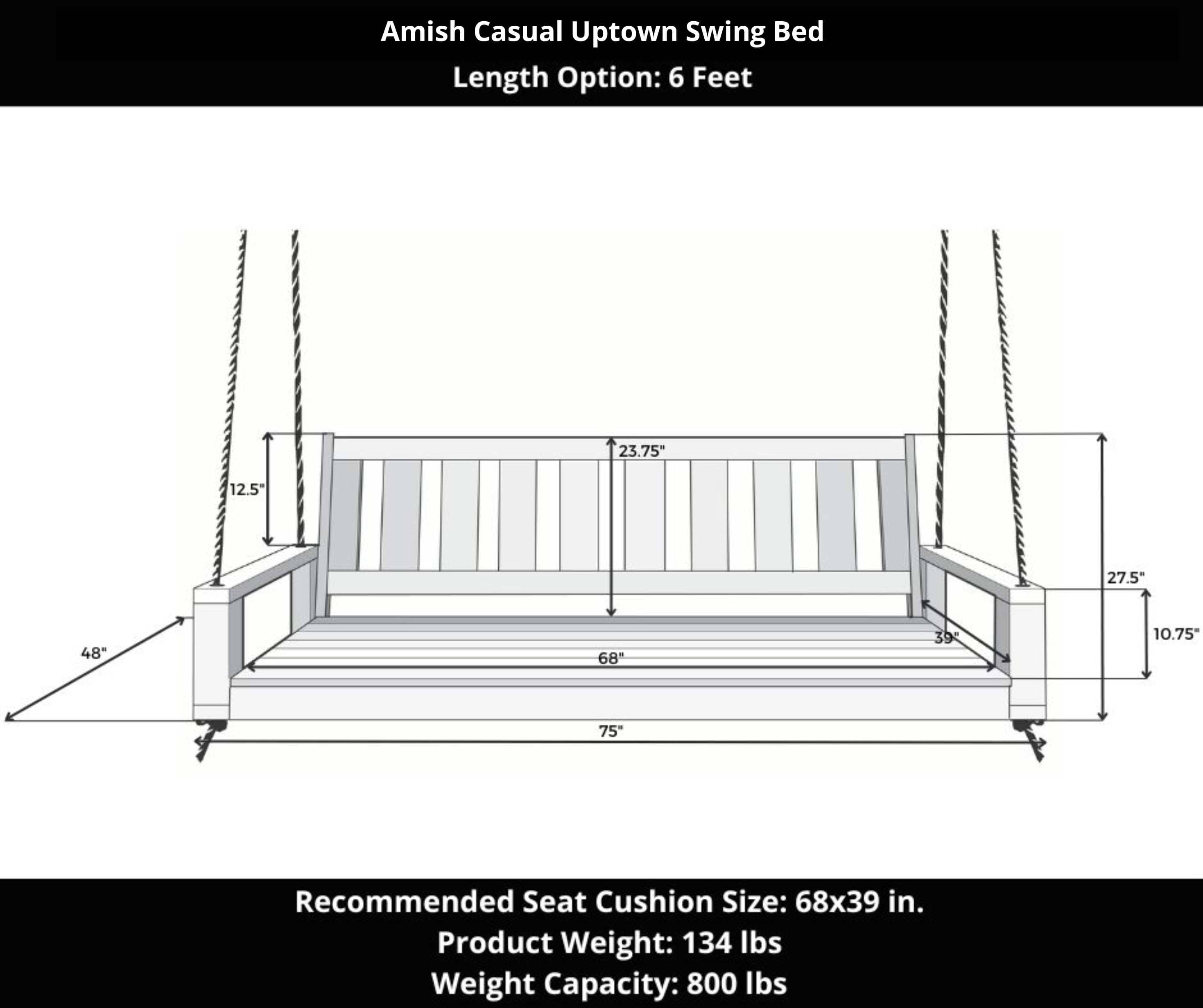 Amish Casual 6 Foot Uptown Porch Swing Bed in Tricorn Black Paint