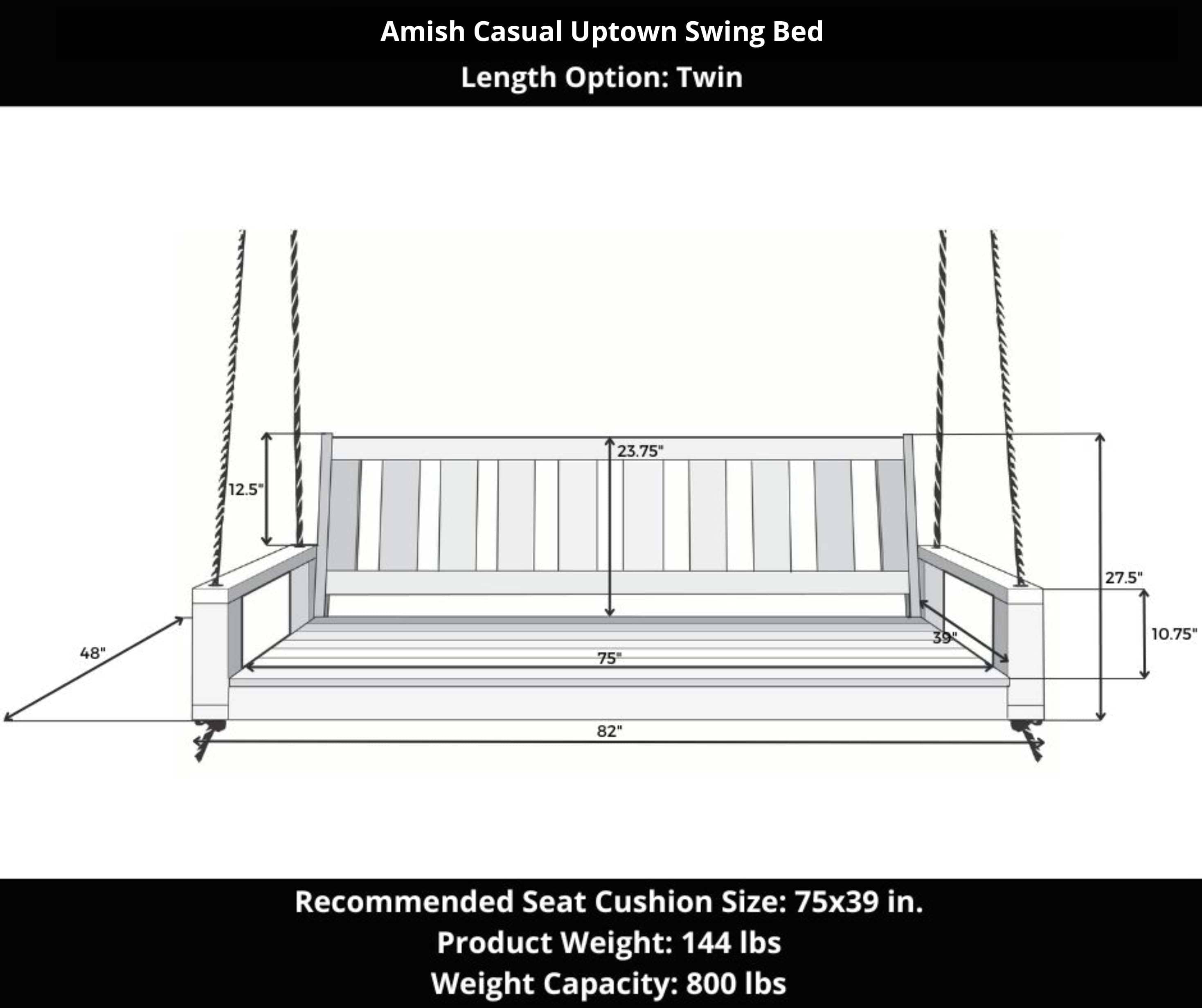 Amish Casual Twin Uptown Porch Swing Bed in Clearcoat Oak Stain