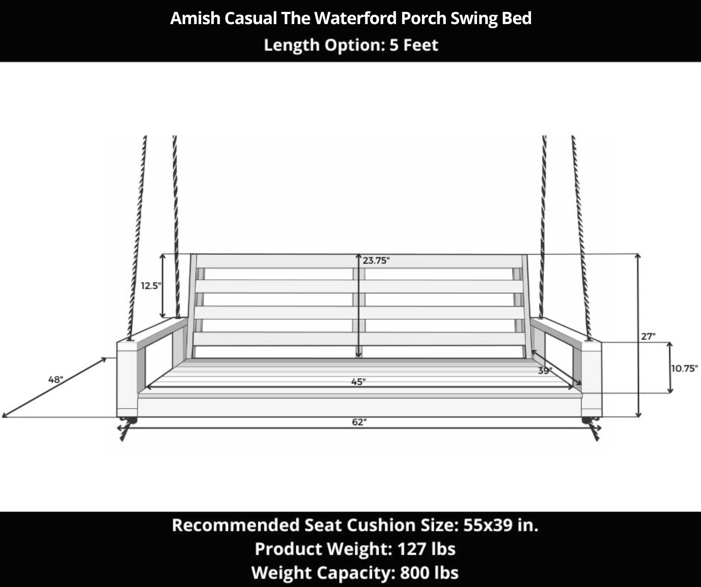 Amish Casual Waterford Hanging Bed Swing for Porch, 5 Ft Dark Walnut