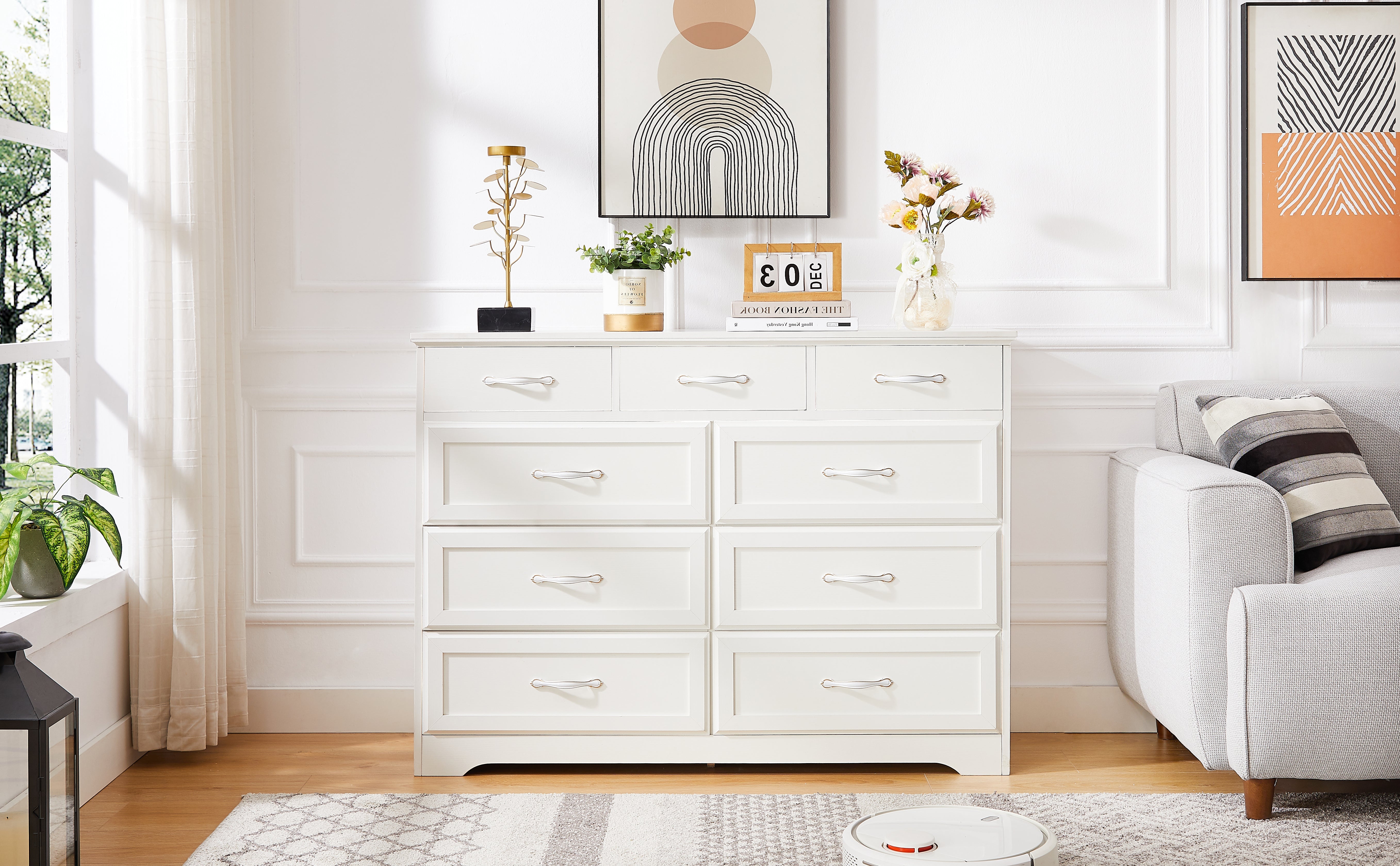Bedroom dresser 9 drawer long dresser with antique handles wood chest of drawers for kids room 47.56''W x 15.75''D x 34.45''H