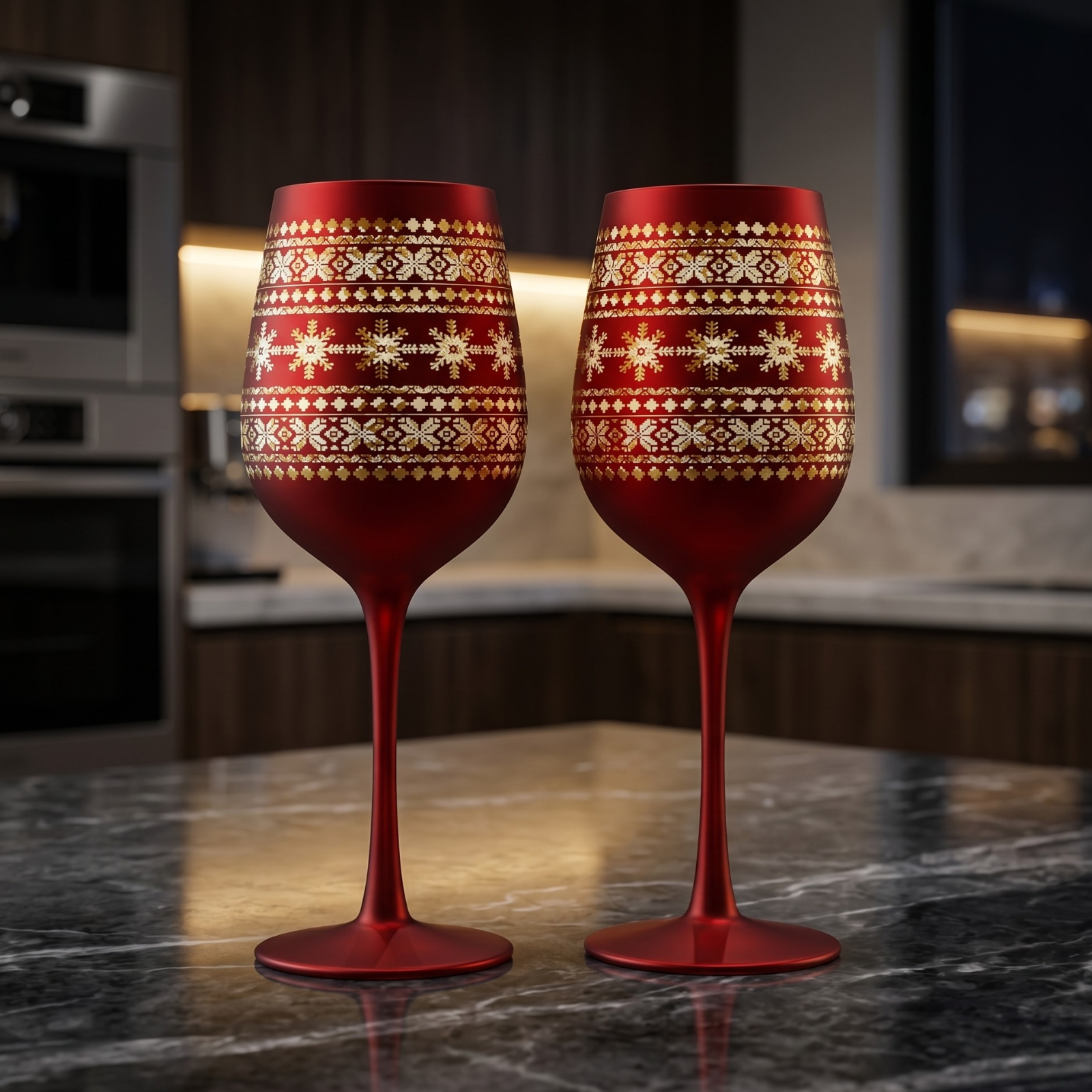 Crystal Stemmed Christmas Wine Glasses Goblets Set Of 2 Vibrant Themed Red Gold Etched Winter Snow W