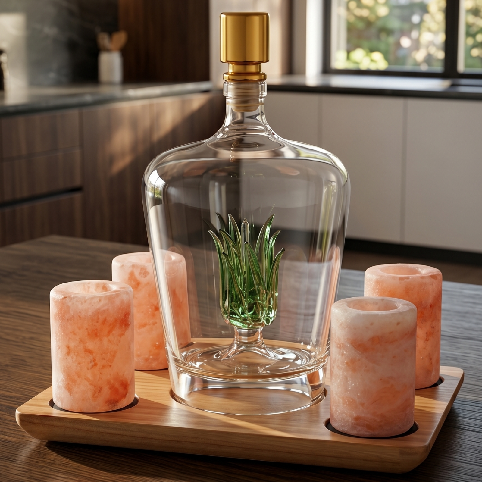 Tequila Decanter With Four Pink Himalayan Salt Shot Glasses Set Perfect For Tequila Agave Liquor Lov