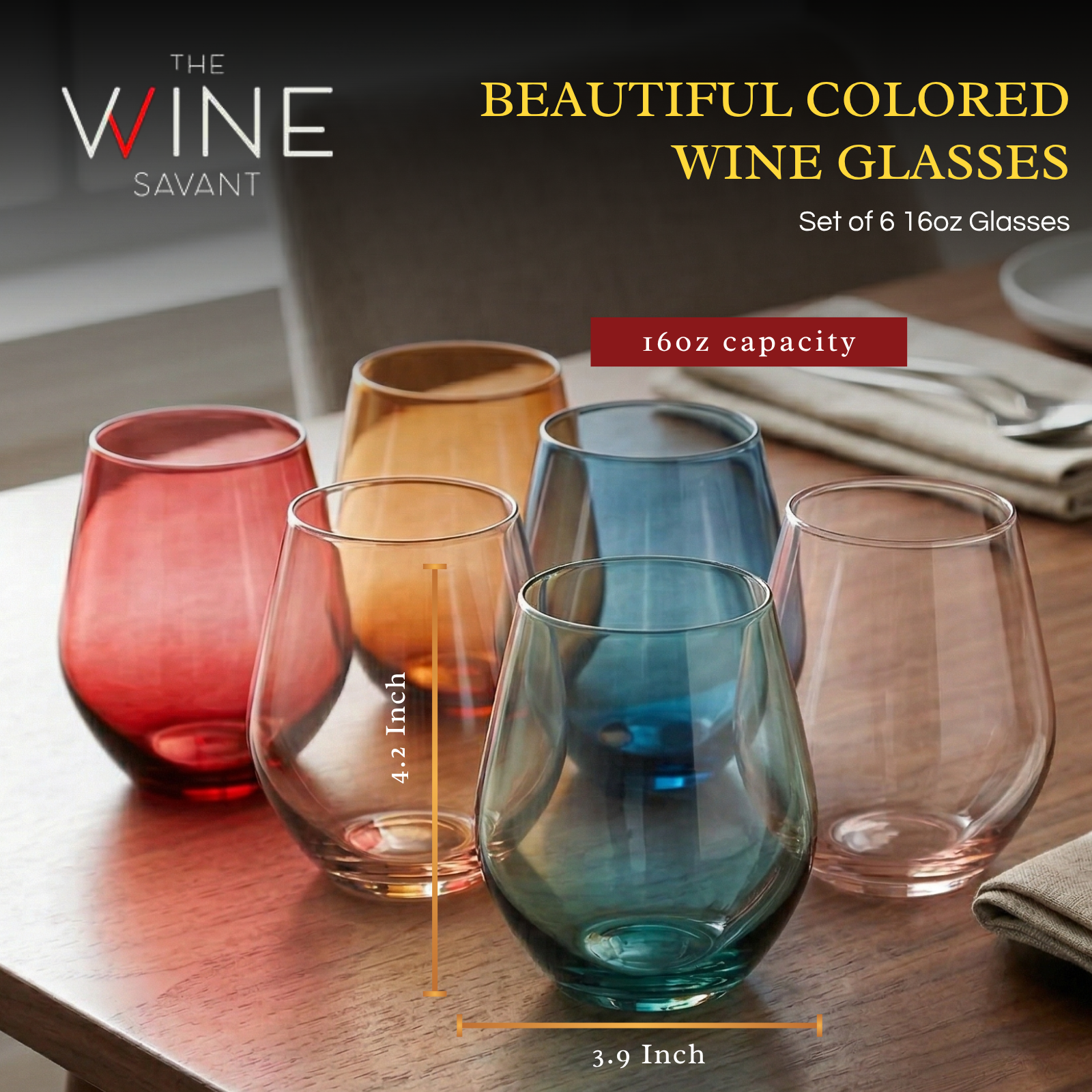 Colored Stemless Crystal Wine Glass Set Of 6 Gift For Her Him Wife Friend Large 16 Oz Glasses Unique