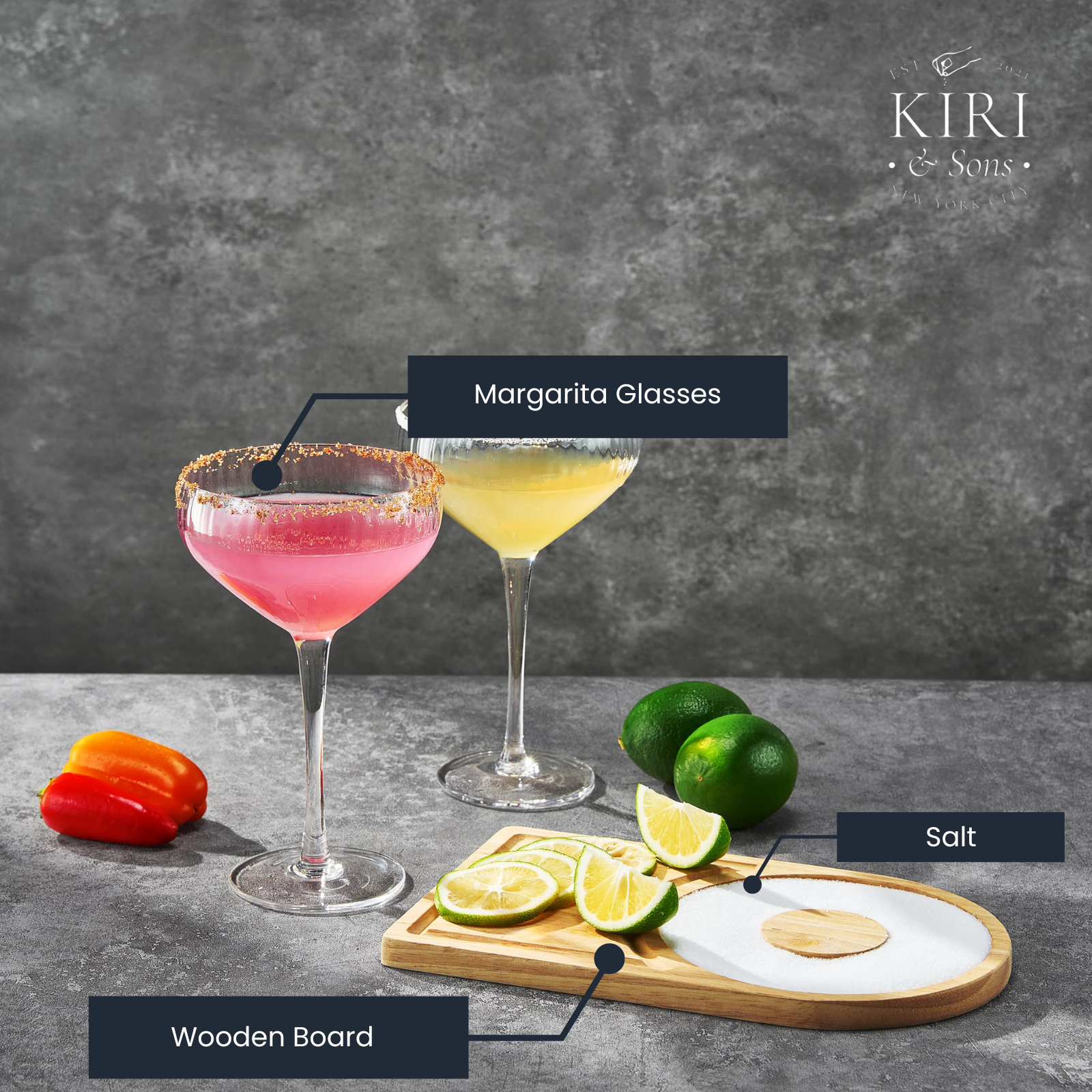 Margarita Glass Salt Board Gift Set Includes 2 Ribbed 12OZ Stemmed Glasses Chili Regular Salt Wooden
