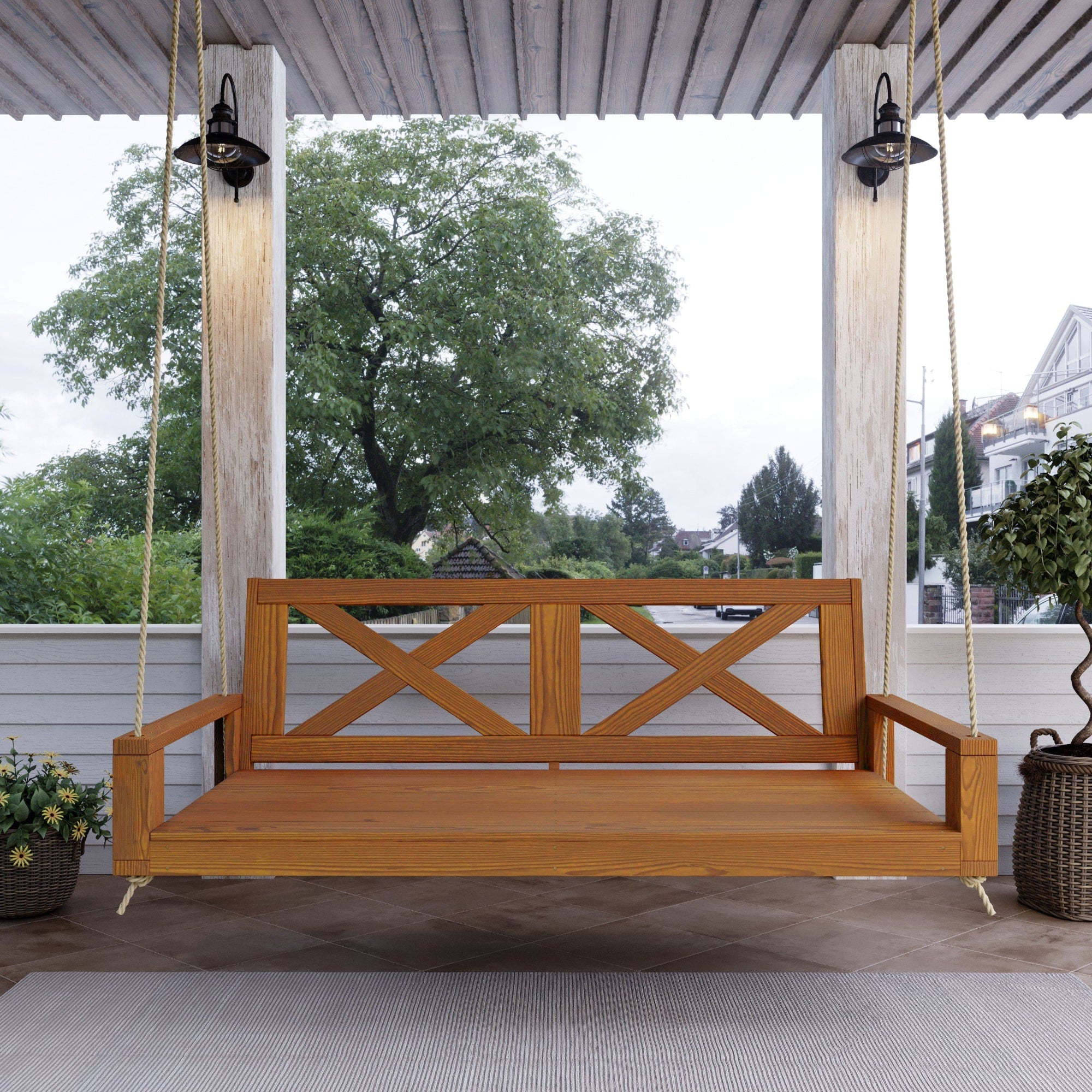 Amish Casual Malvern Porch Swing Bed, 4 Ft Oak with Clearcoat