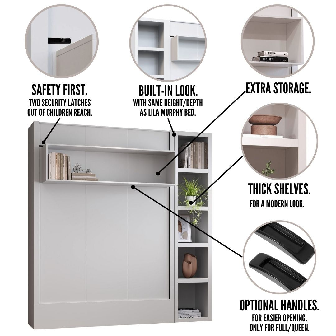 Easy-Lift Full Murphy Wall Bed in Dark Grey with Bookshelf