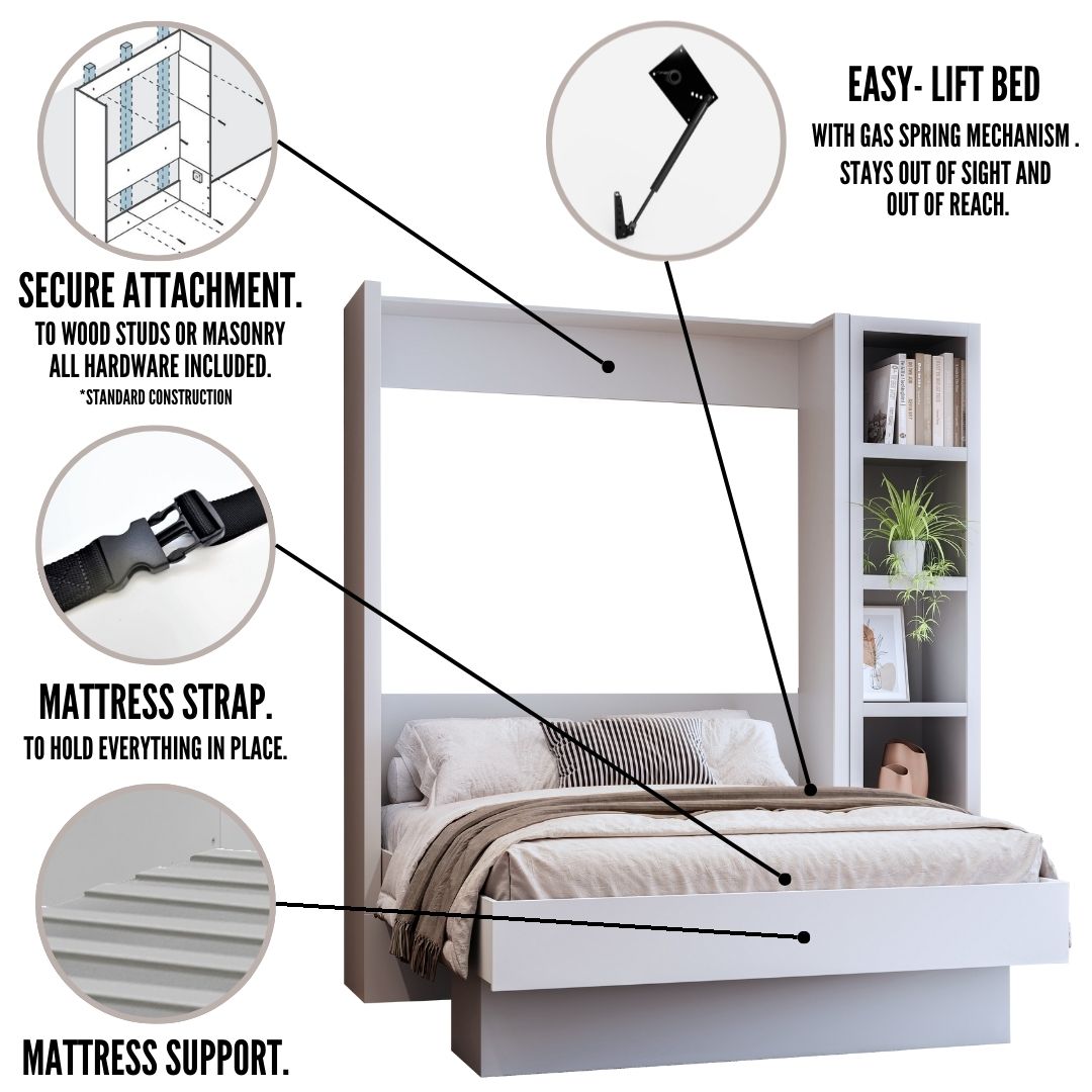 Easy-Lift Queen Murphy Wall Bed in Dark Grey with Bookshelf