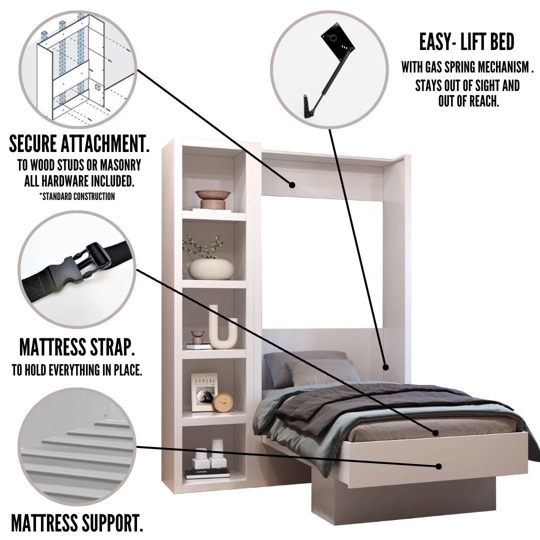 Easy-Lift Twin Murphy Wall Bed in Black with Bookshelf