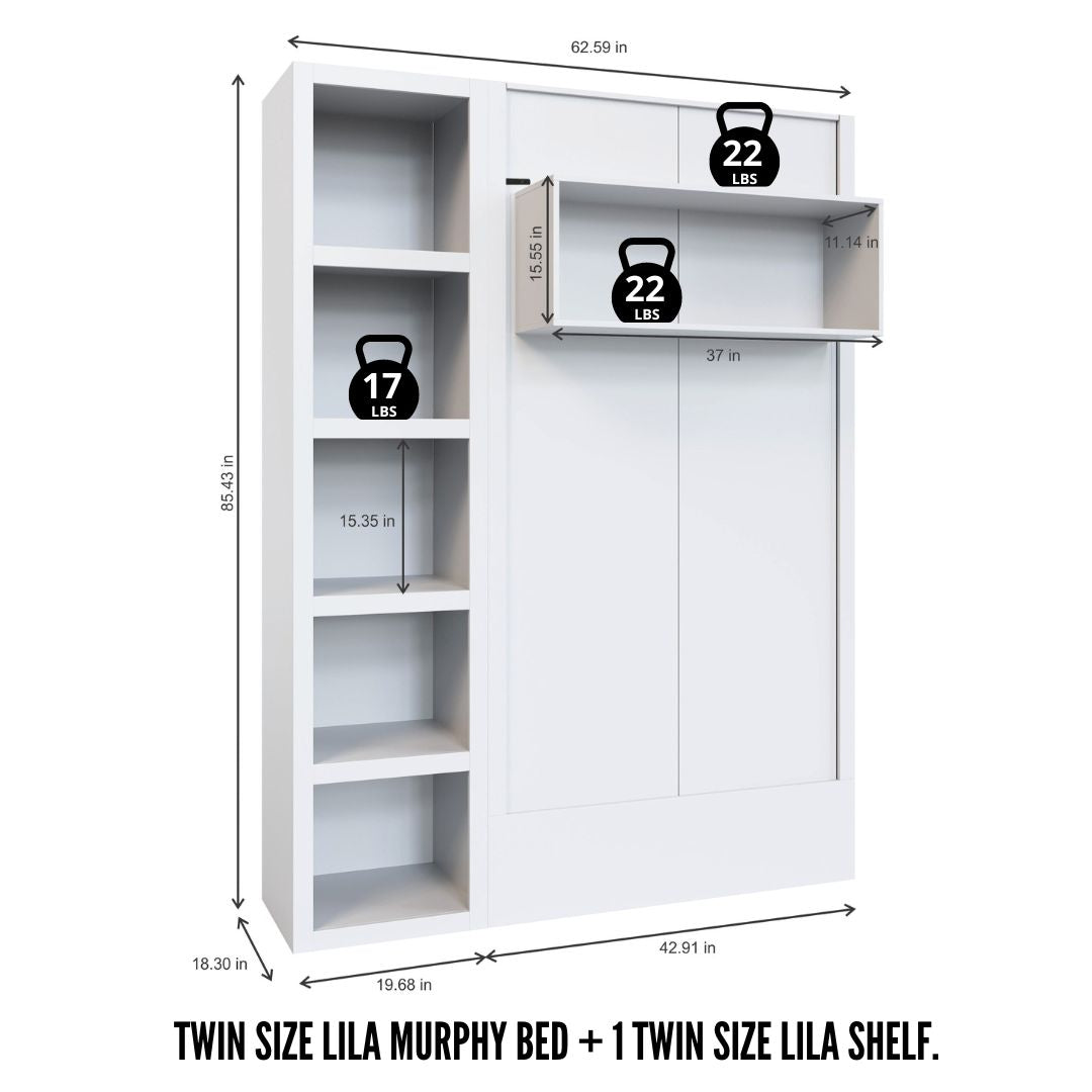 Easy-Lift Twin Murphy Wall Bed in Grey with Bookshelf
