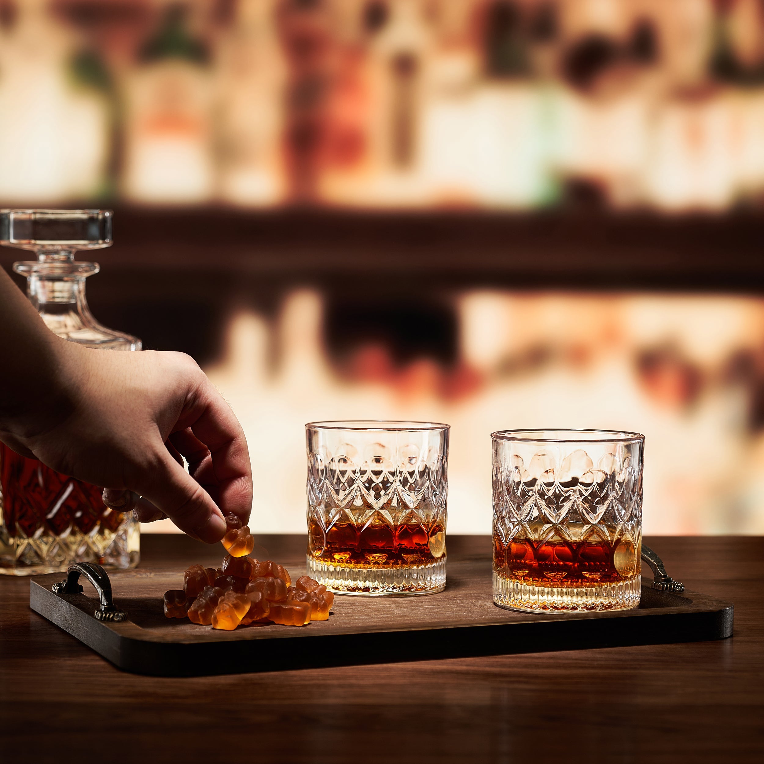 Bourbon Gummy Gift Set Two Whiskey Glasses Includes Bourbon Flavored Candy Bears 2 Crystal Lowball G