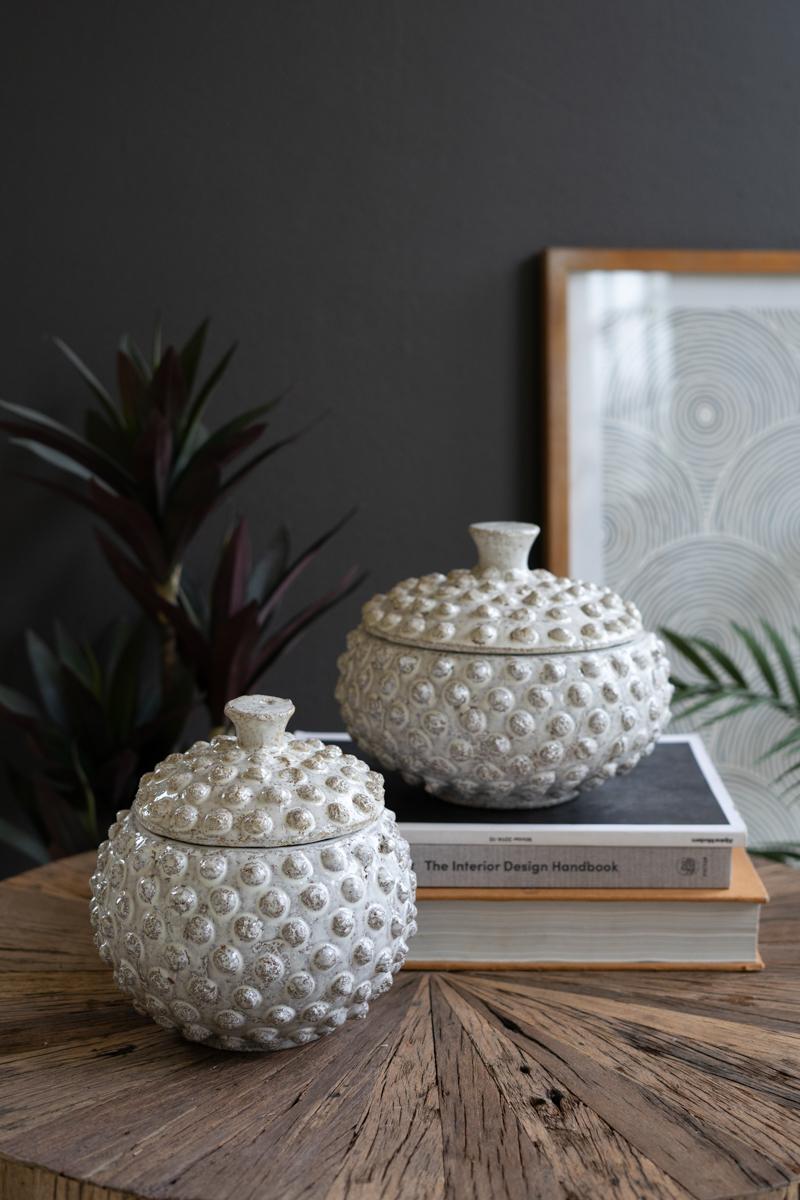 Knobby Antique White Ceramic Canisters - Set of 2