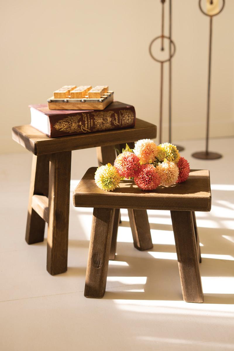 Dark Brown Rectangle Wood Stools - Set of 2