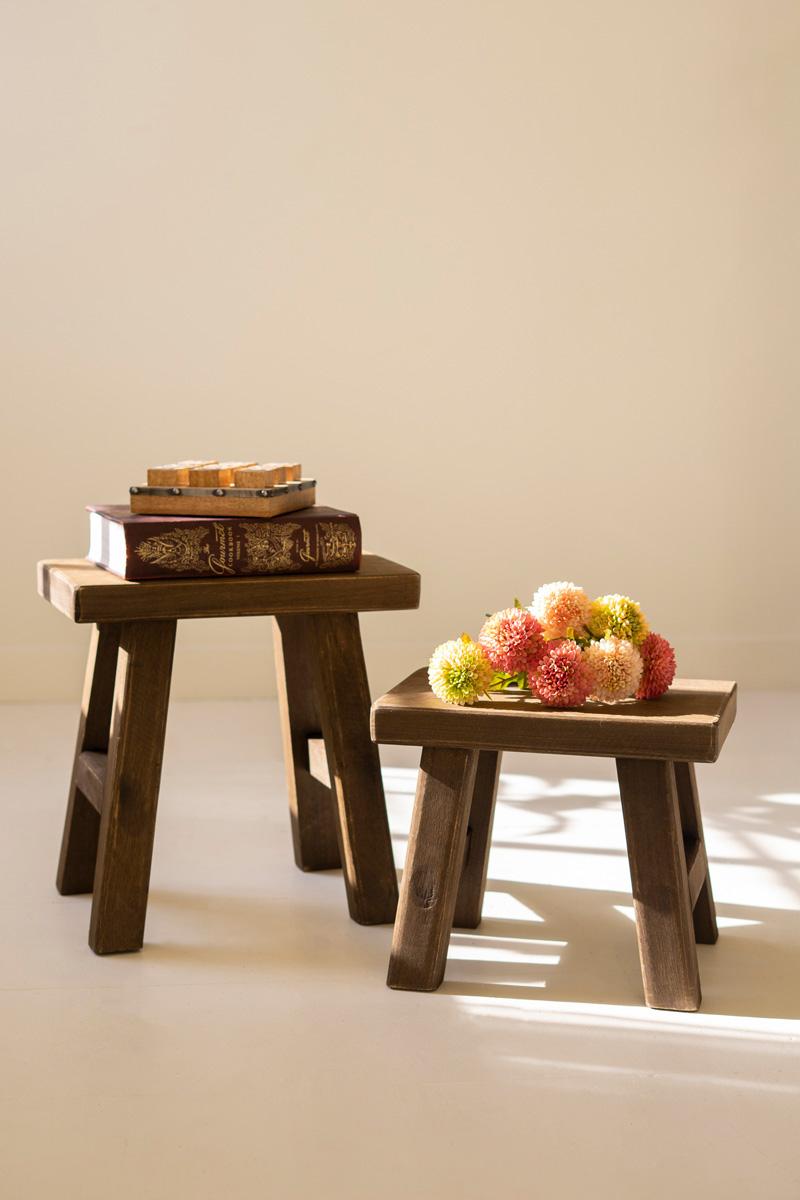 Dark Brown Rectangle Wood Stools - Set of 2
