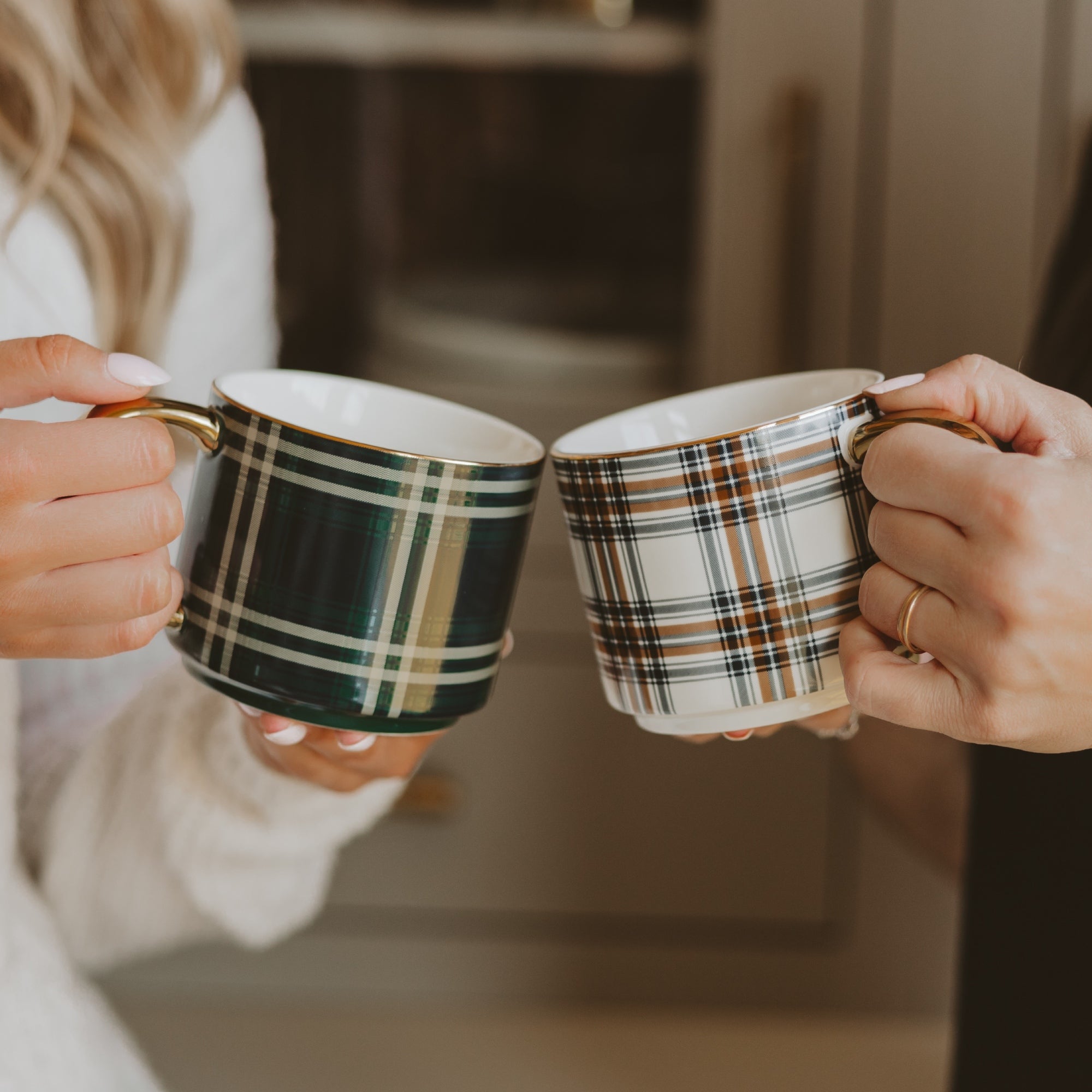 Navy Plaid 14 oz Gold Handle Coffee Mug
