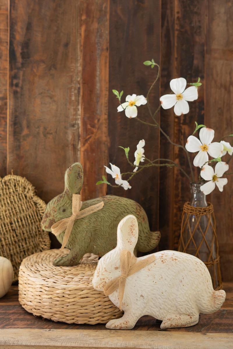 Painted Green and White Metal Rabbits - Set of 2