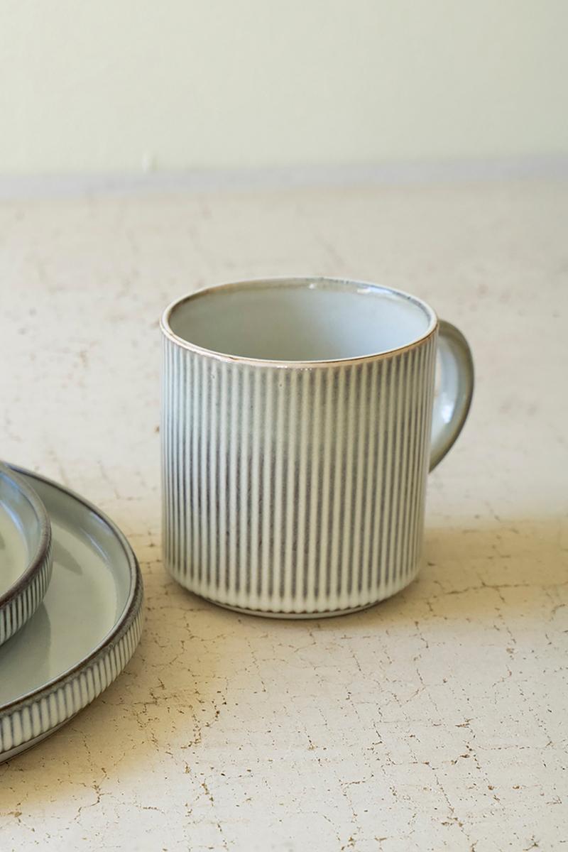 Ribbed Light Grey Ceramic Mugs - Set of 4