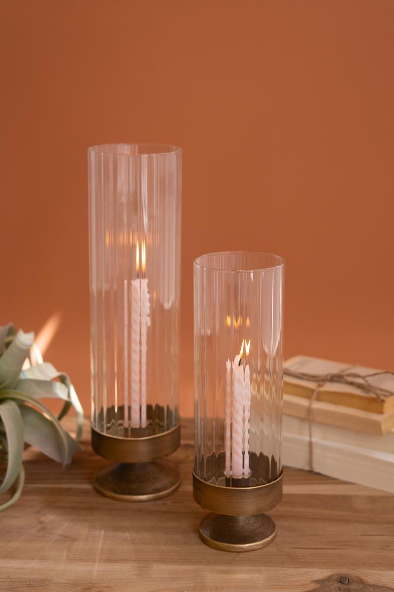 Antique Metal and Glass Taper Candle Hurricanes - Set of 2