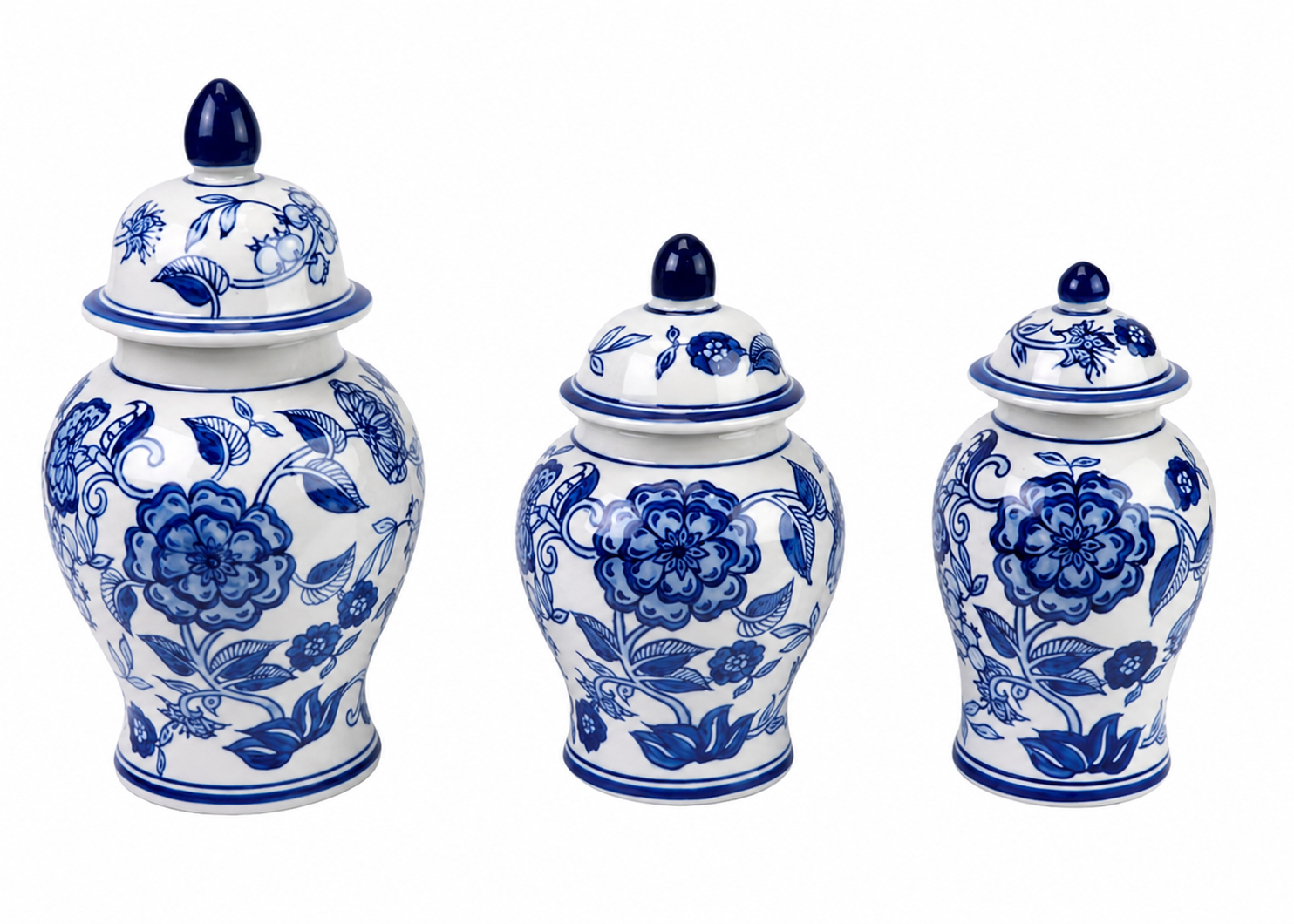 Set of 3 Blue & White Flower Food Safe Jars